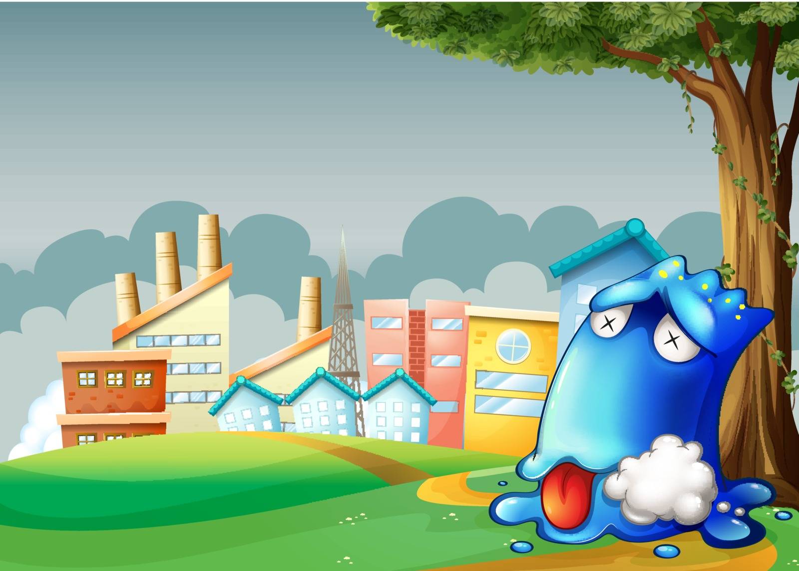 Illustration of a poisoned monster resting under the tree across the factories