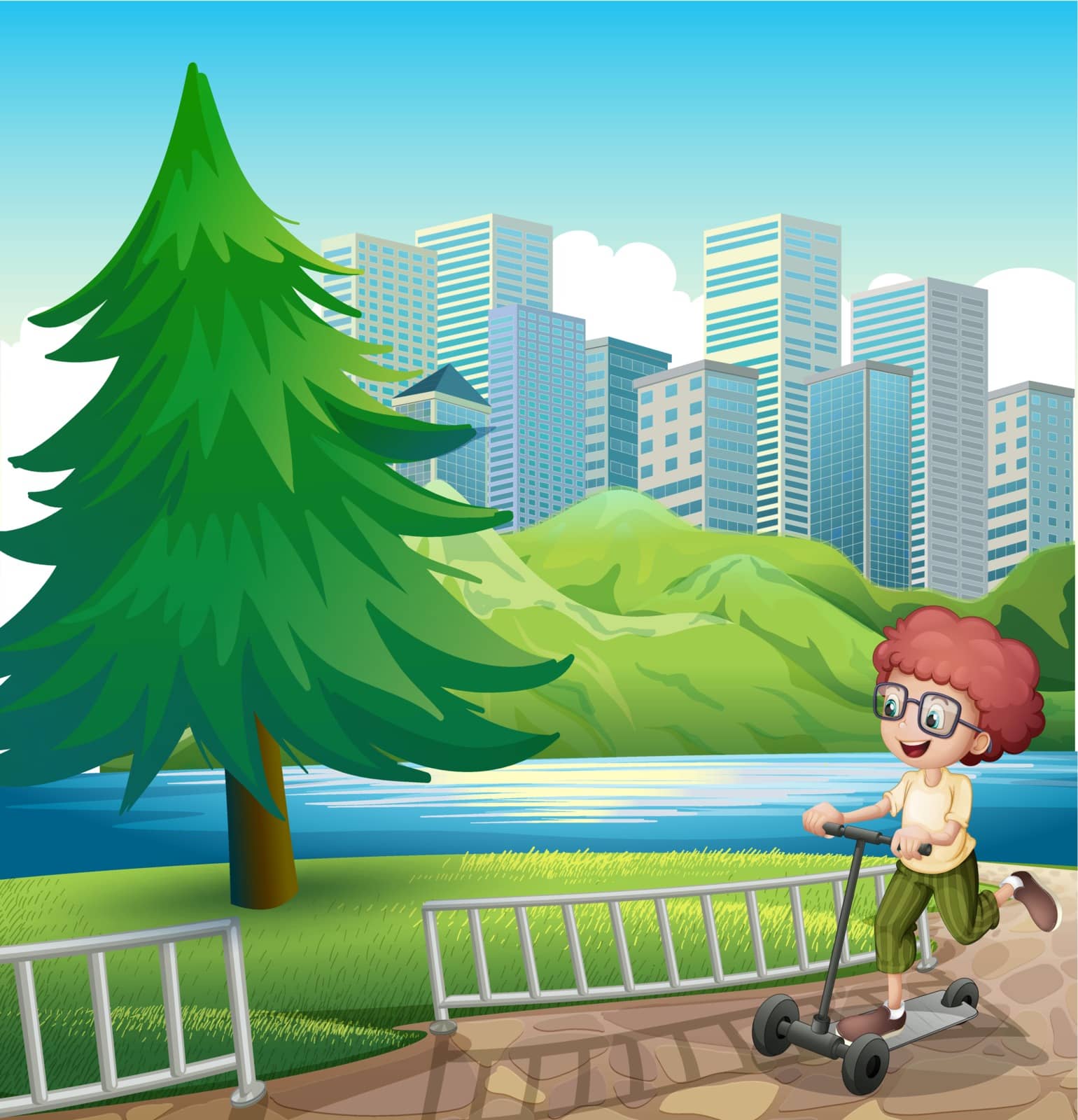Illustration of a happy young boy playing with his scooter near the river