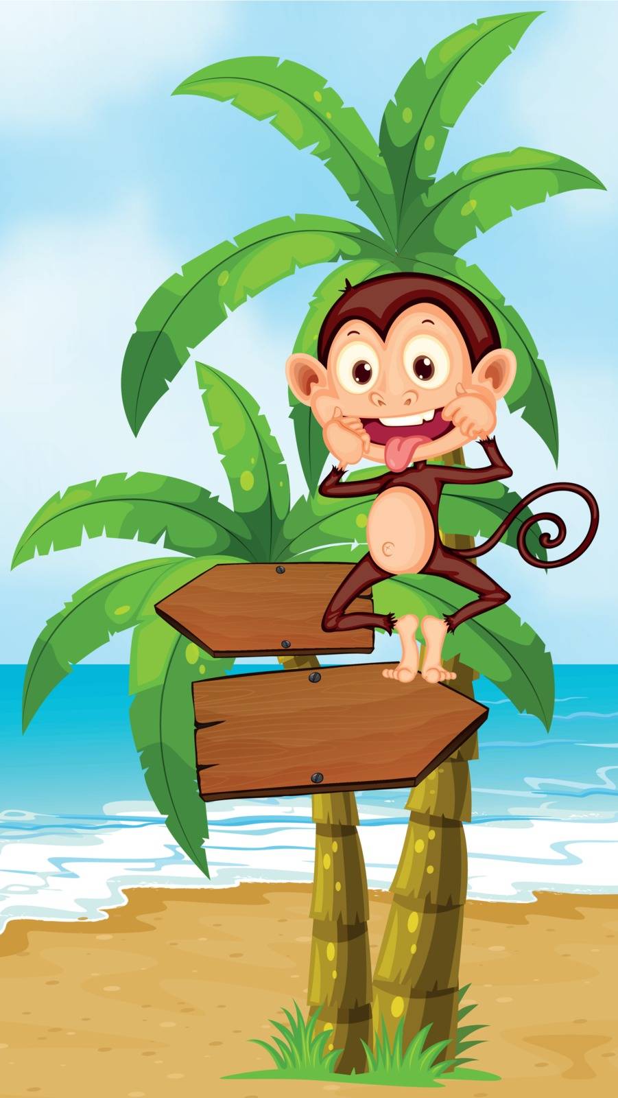 Illustration of a playful monkey above the wooden arrowboard at the beach