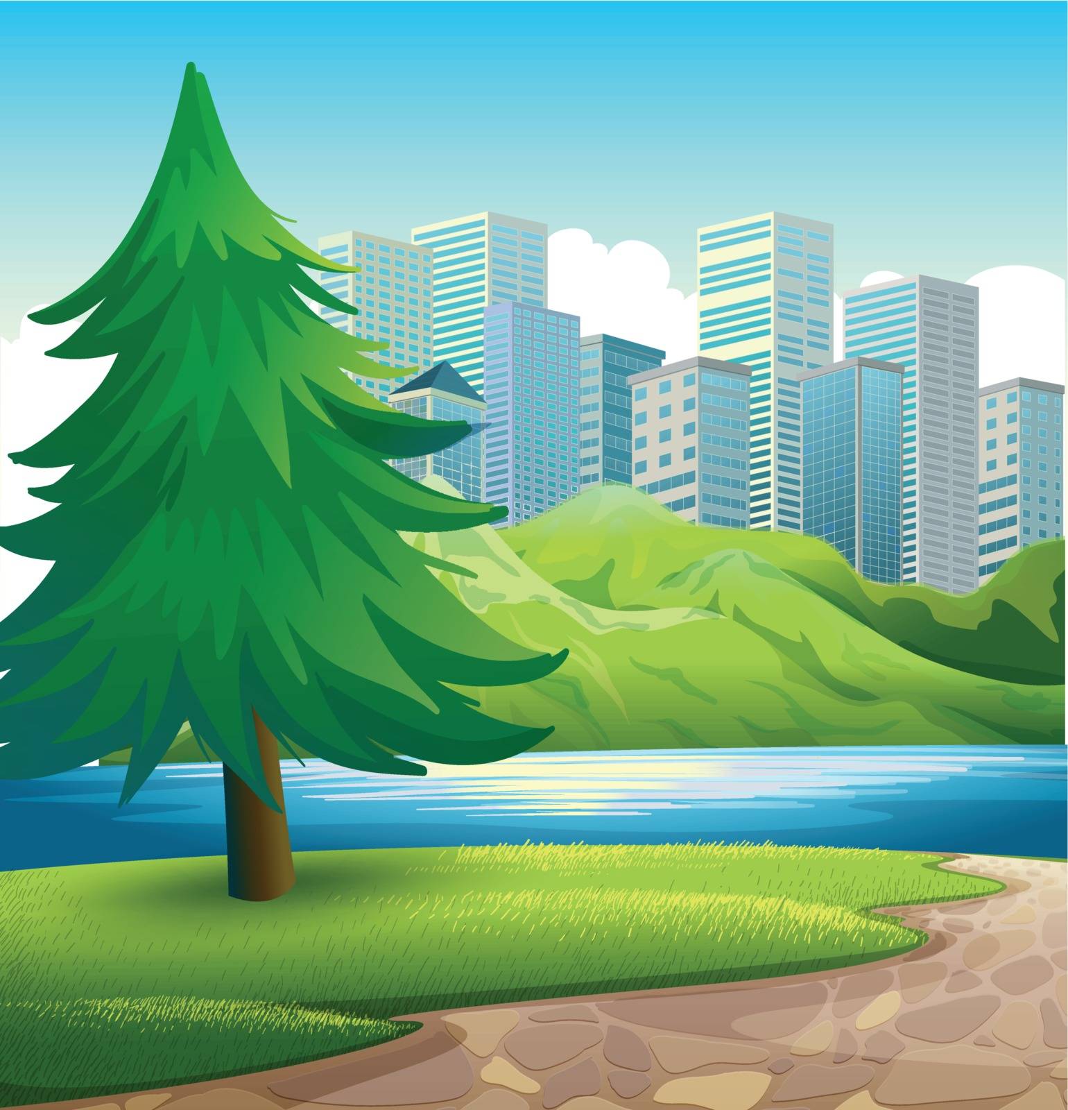 Illustration of a pine tree beside the river across the tall buildings