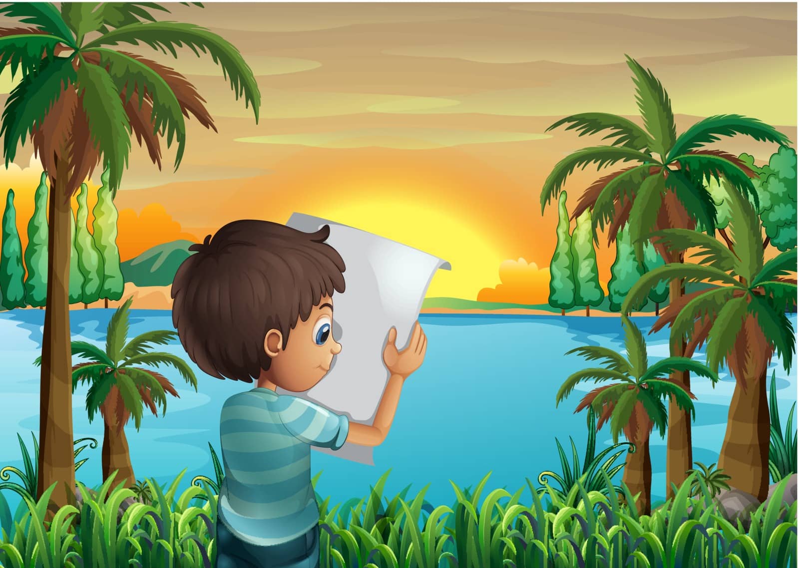 Illustration of a boy with a paper at the riverbank