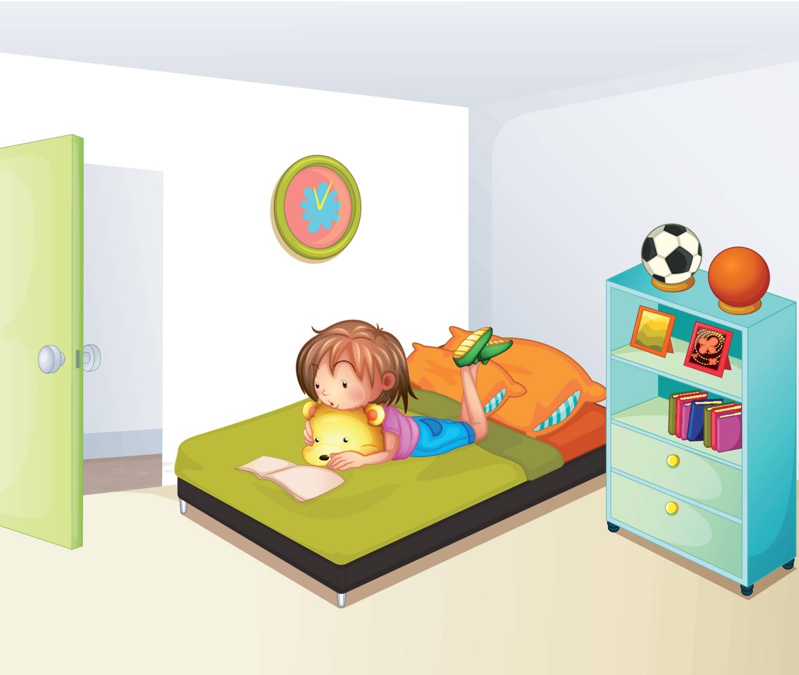 Illustration of a girl studying in her clean bedroom