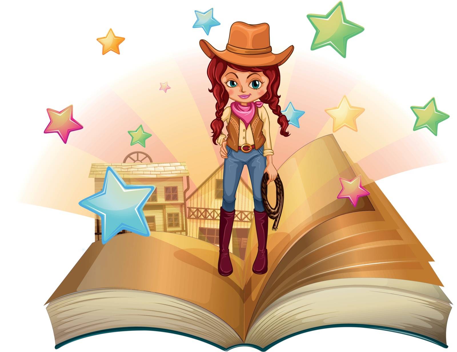 Illustration of a book with a pretty cowgirl on a white background