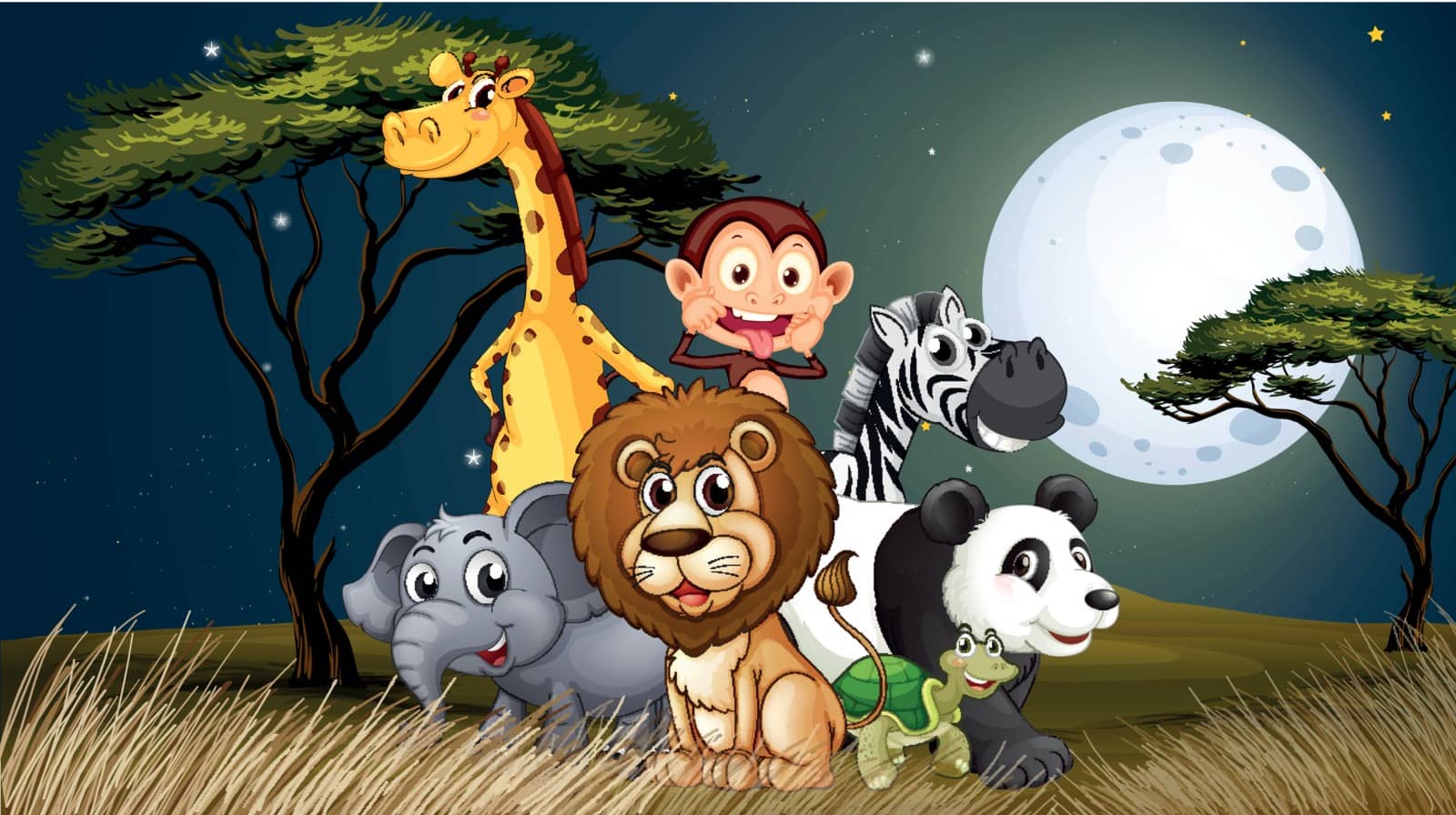 Illustration of a group of playful animals under the bright fullmoon