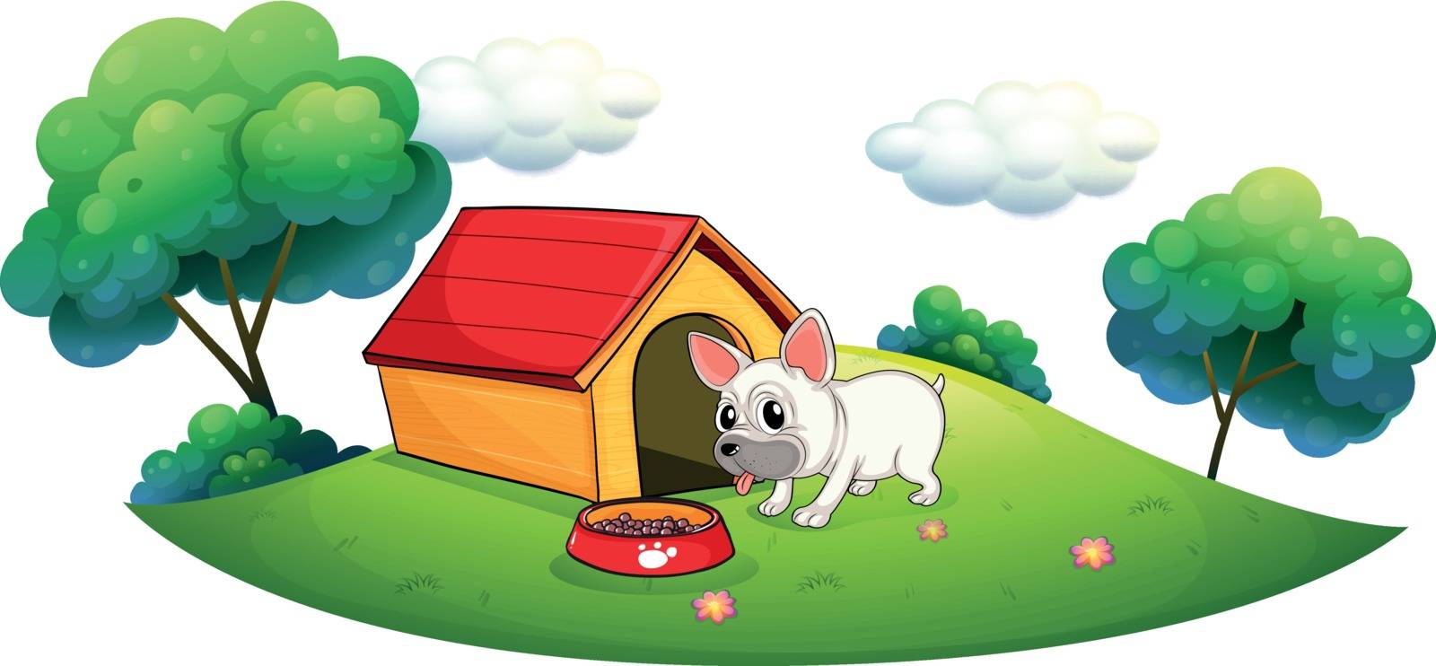 Illustration of a doghouse and a dog in an island on a white background