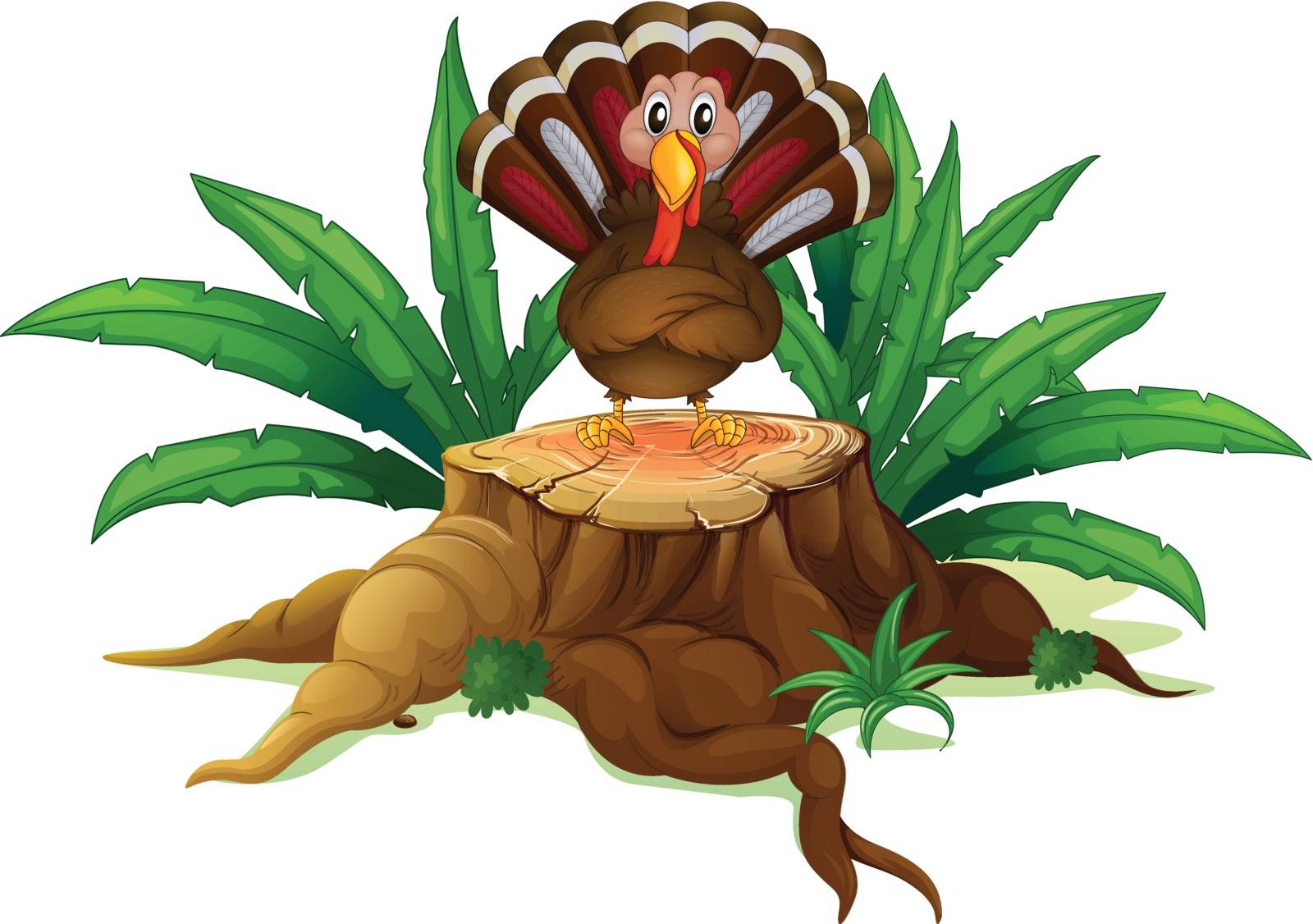 Illustration of a turkey above the stump on a white background