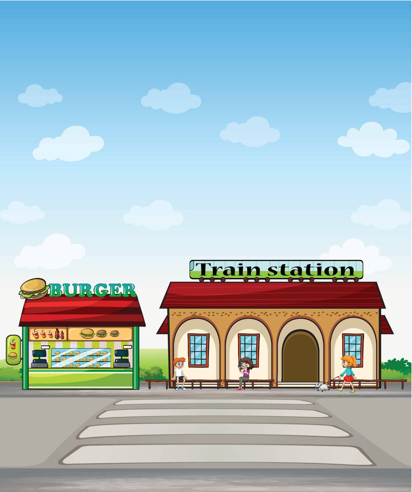 Illustration of a burger junction and a train station