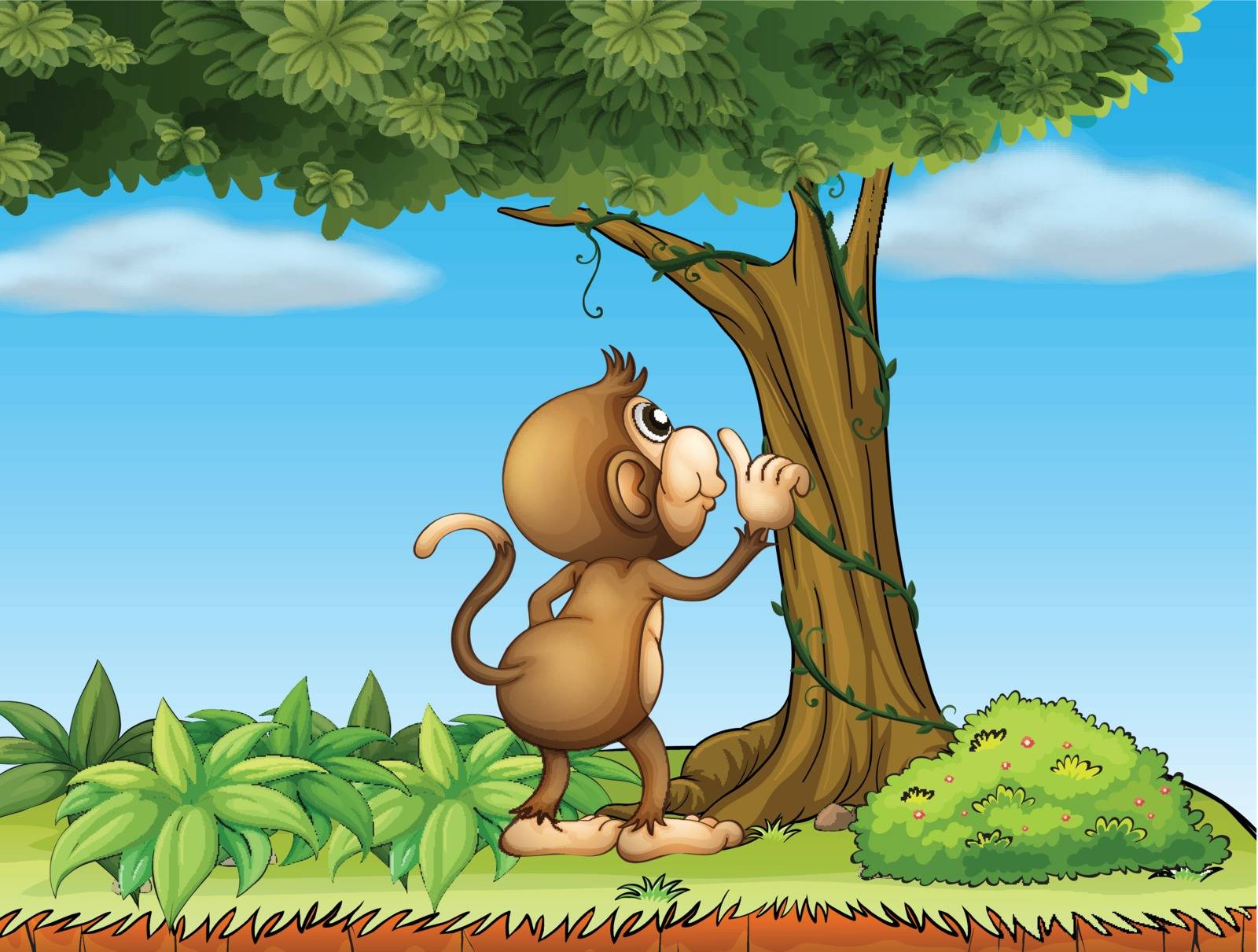 Illustration of a monkey watching a tree