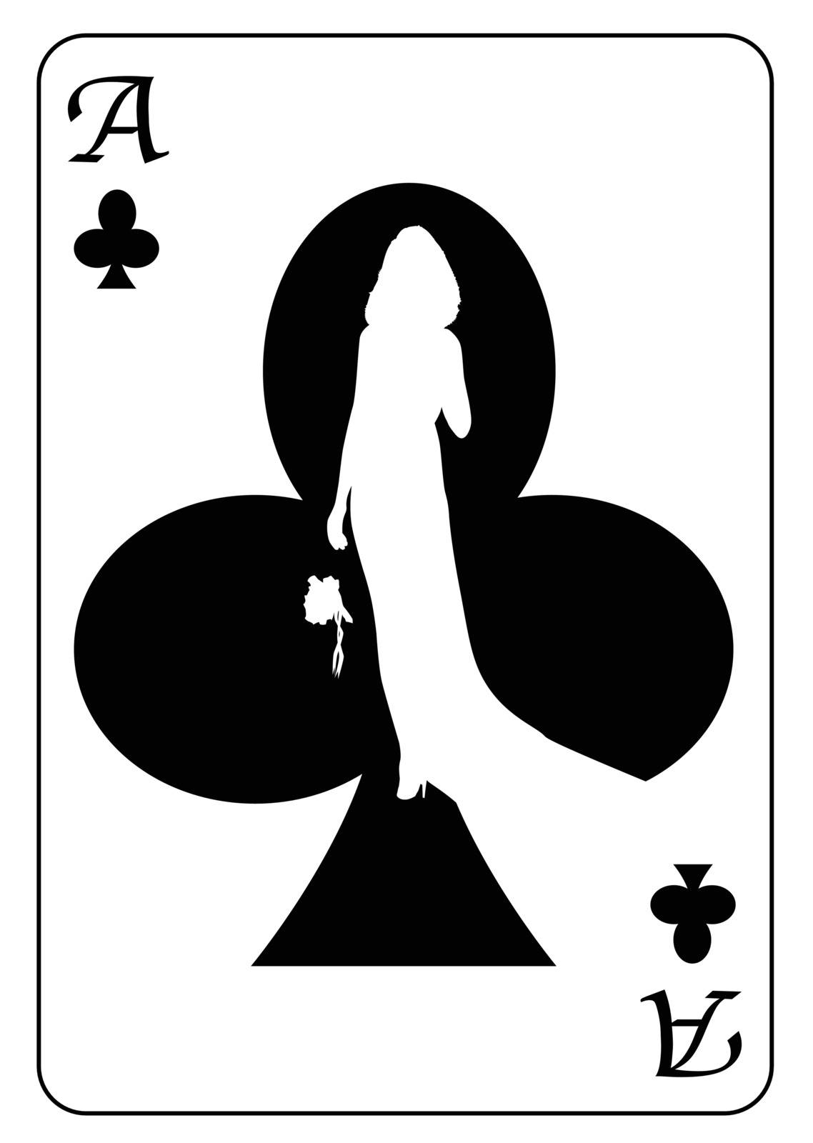 The ace of clubs with the silhouette of bride looking for her soul mate set into the motif of the card, all isolated on a white background