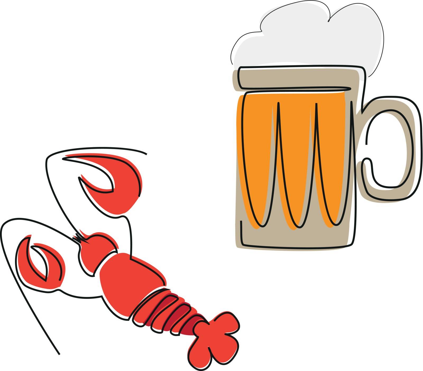 mug of beer with foam and a lobster, isolated objects