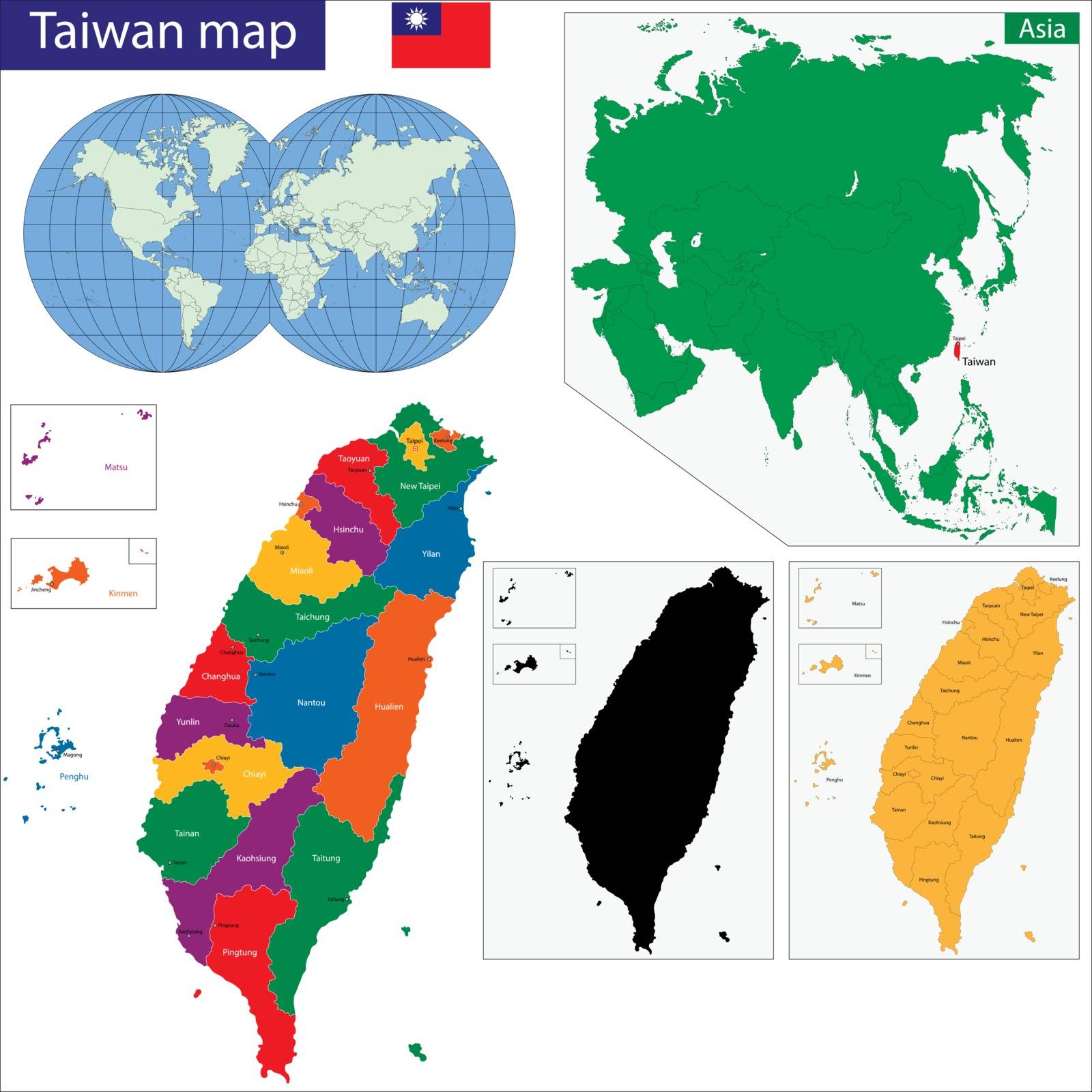 Vector map of Taiwan drawn with high detail and accuracy. Taiwan is divided into regions which are colored with different bright colors.