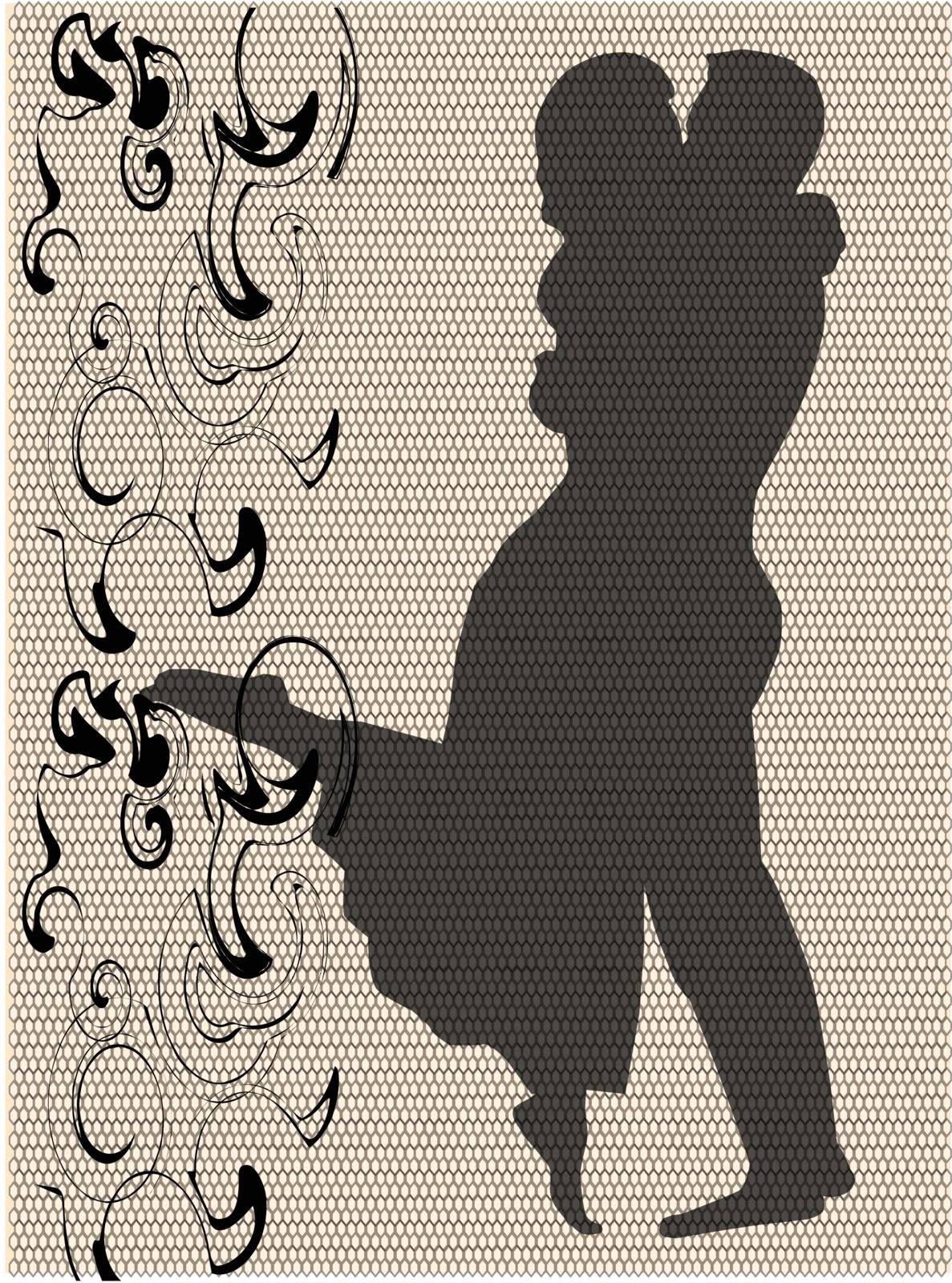Lovers kissing over a lace stocking background