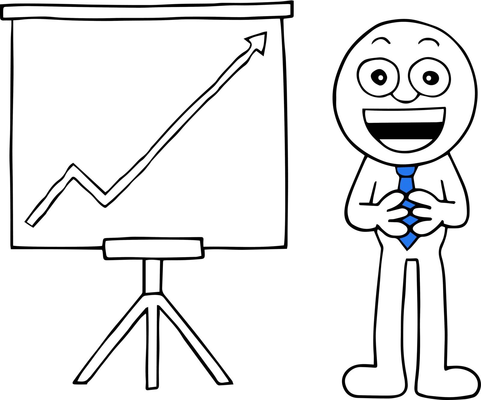 Hand drawn cartoon happy businessman hands together beside standing sales chart with arrow going up symbolizing profit.