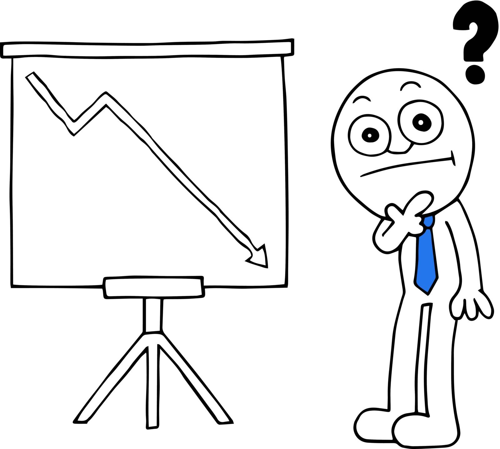 Hand drawn cartoon businessman thinking with a question mark and standing sales chart arrow going down symbolizing loss.