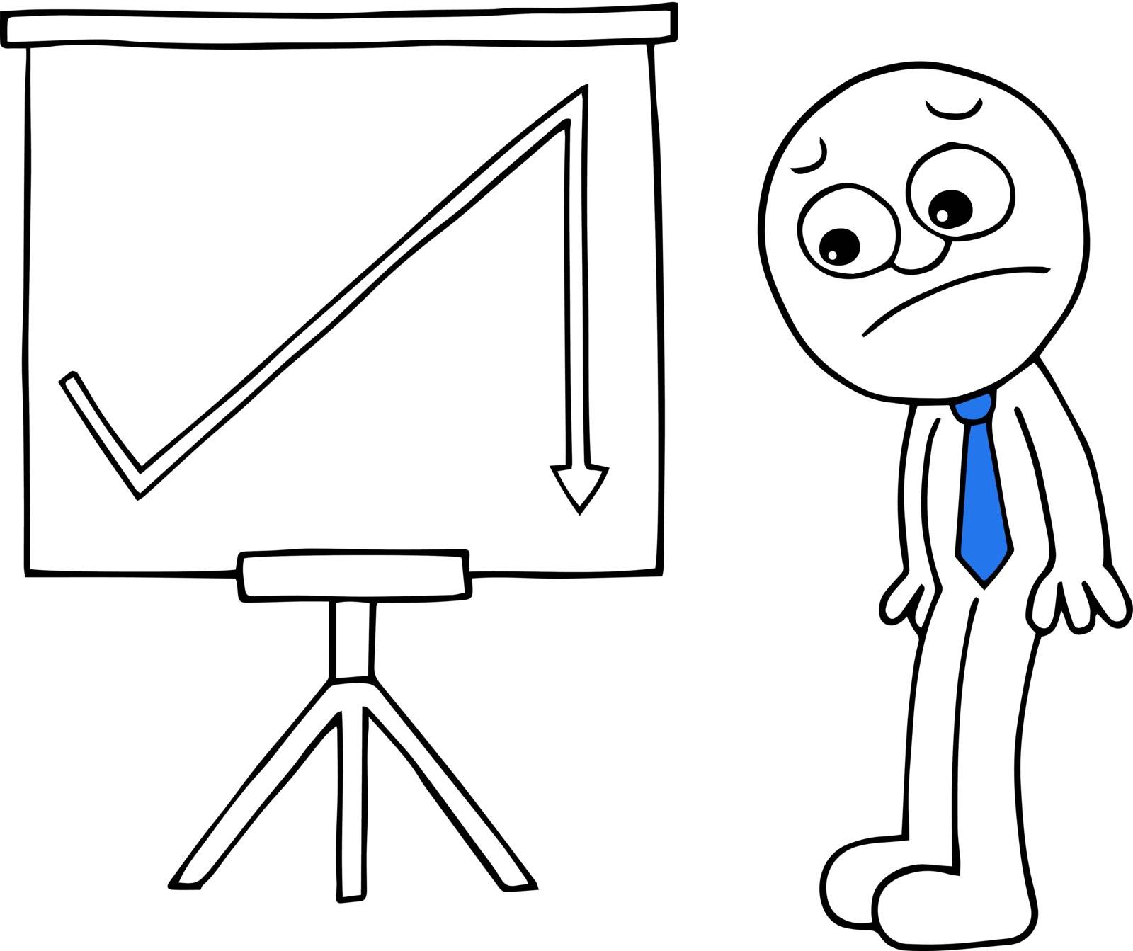Hand drawn cartoon businessman sad with standing sales chart arrow suddenly going down symbolizing sudden losses.
