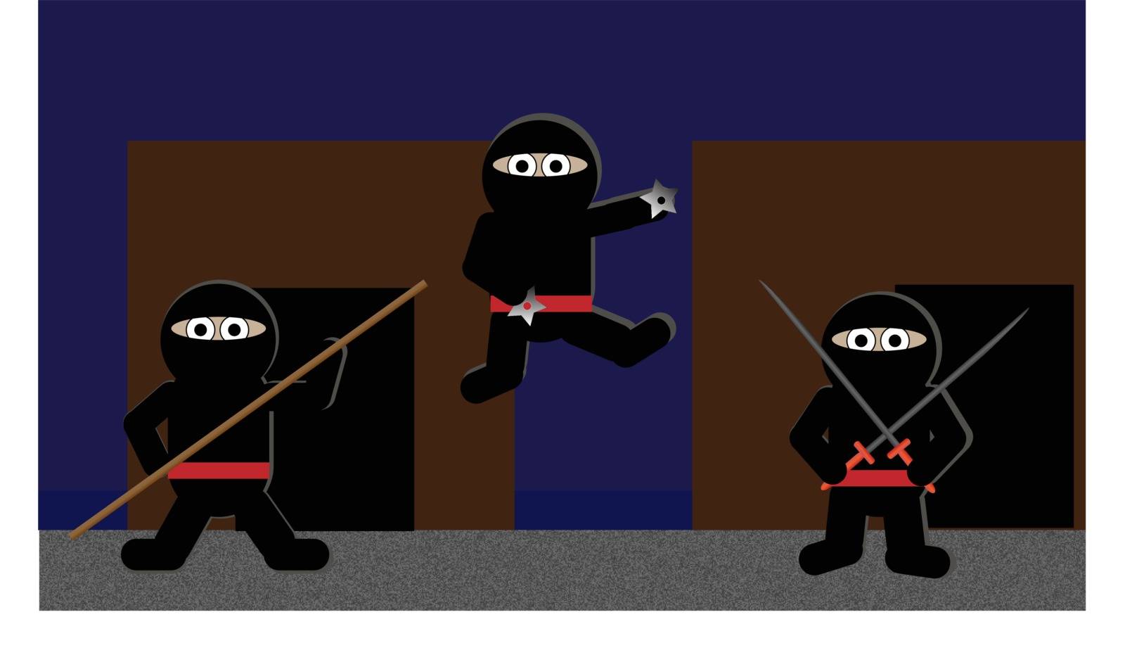 Three hooded ninja warriors jump from the shadows brandishing weapons. File is layered and pixel perfect.