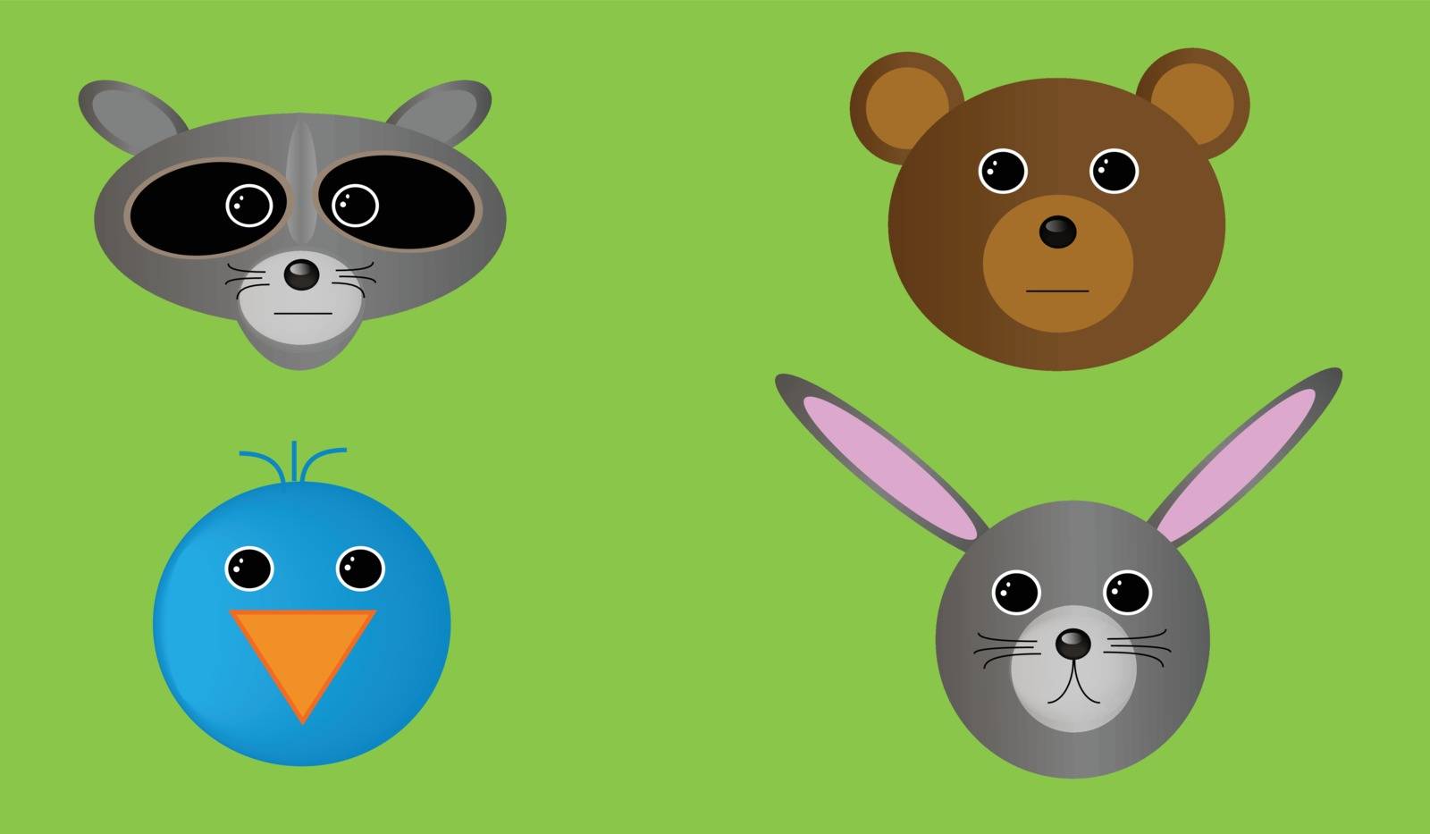 Four forest wildlife animal heads including raccoon, bluebird, brown bear, and rabbit. All elements are separate.