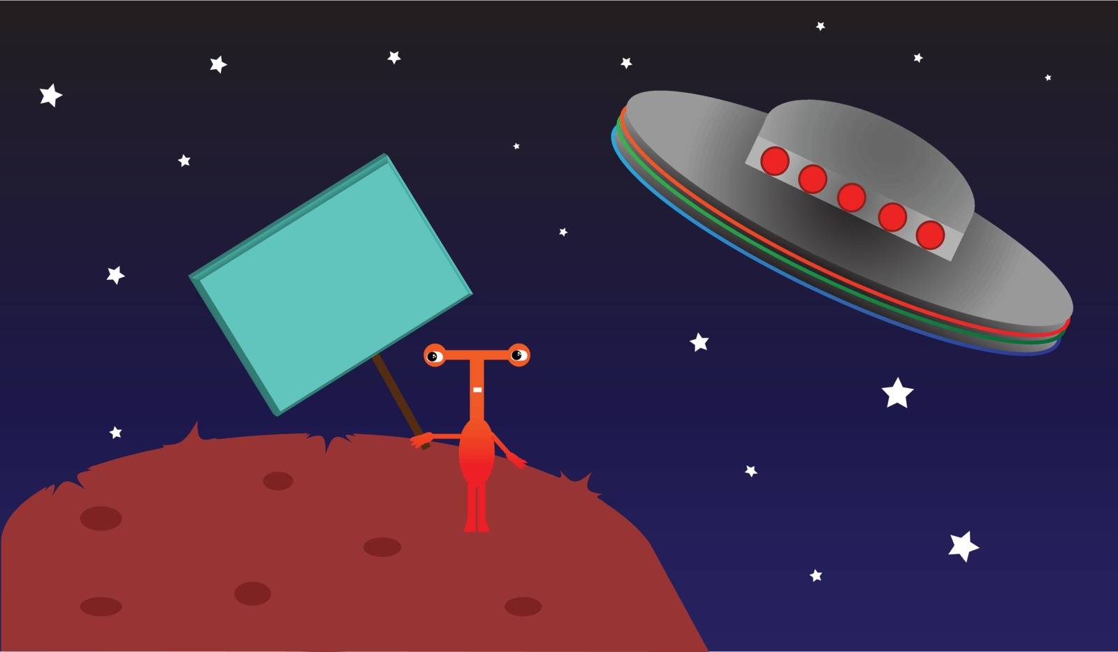 Cute alien creature holds an empty picket sign while watching its spacecraft fly away. All elements are separate.