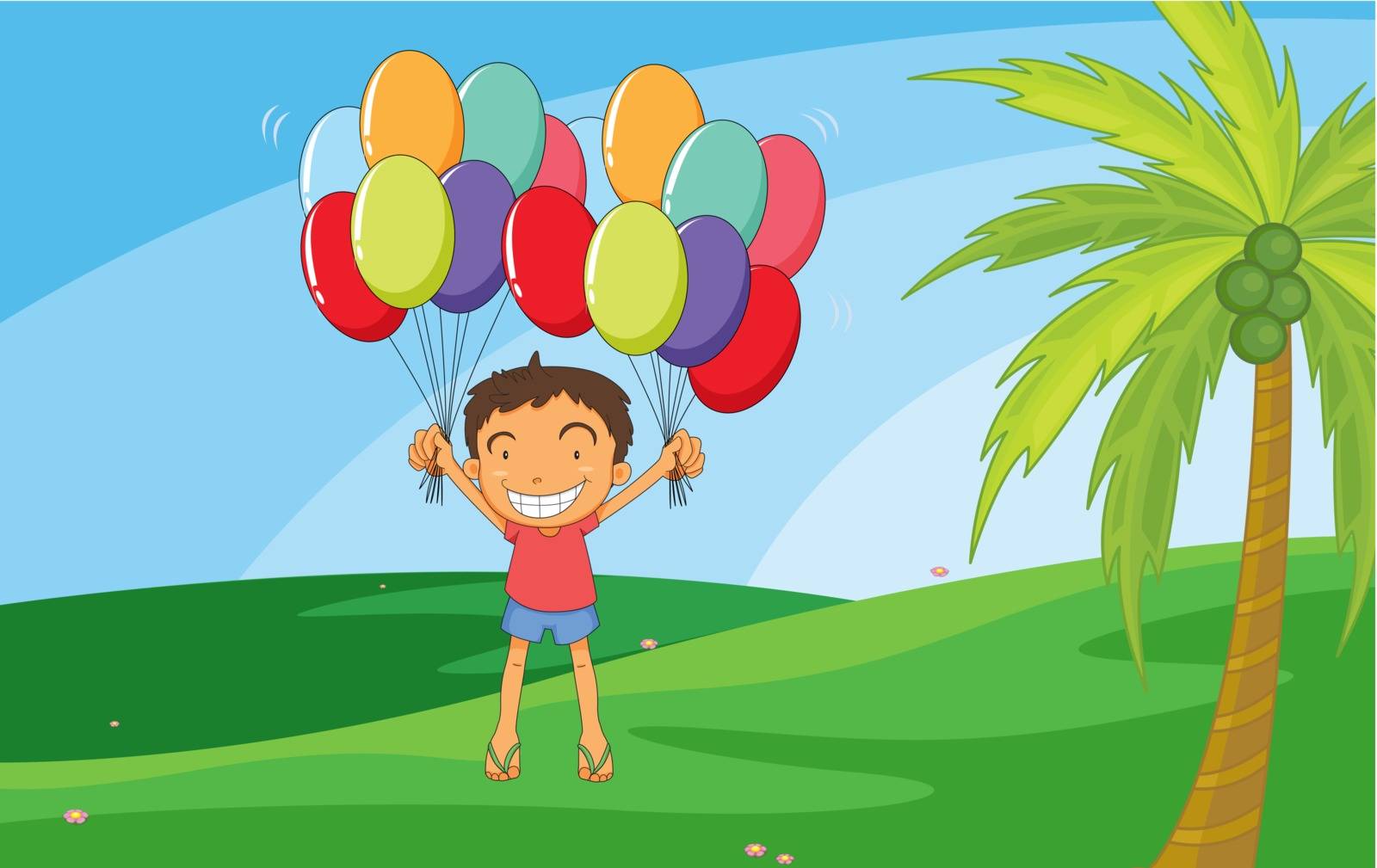 Illustration of a kid floating with balloons