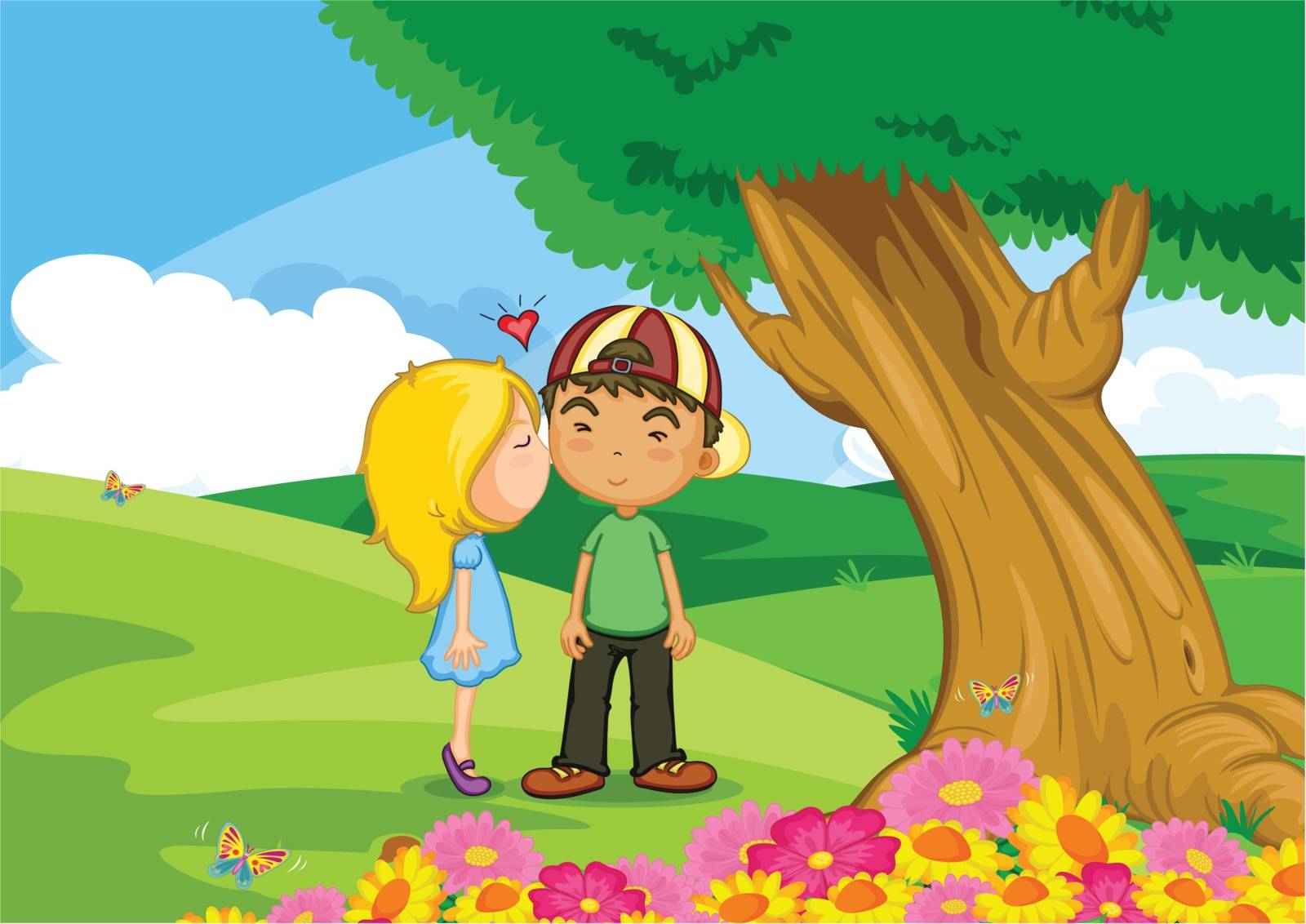 illustration of girl kissing boy