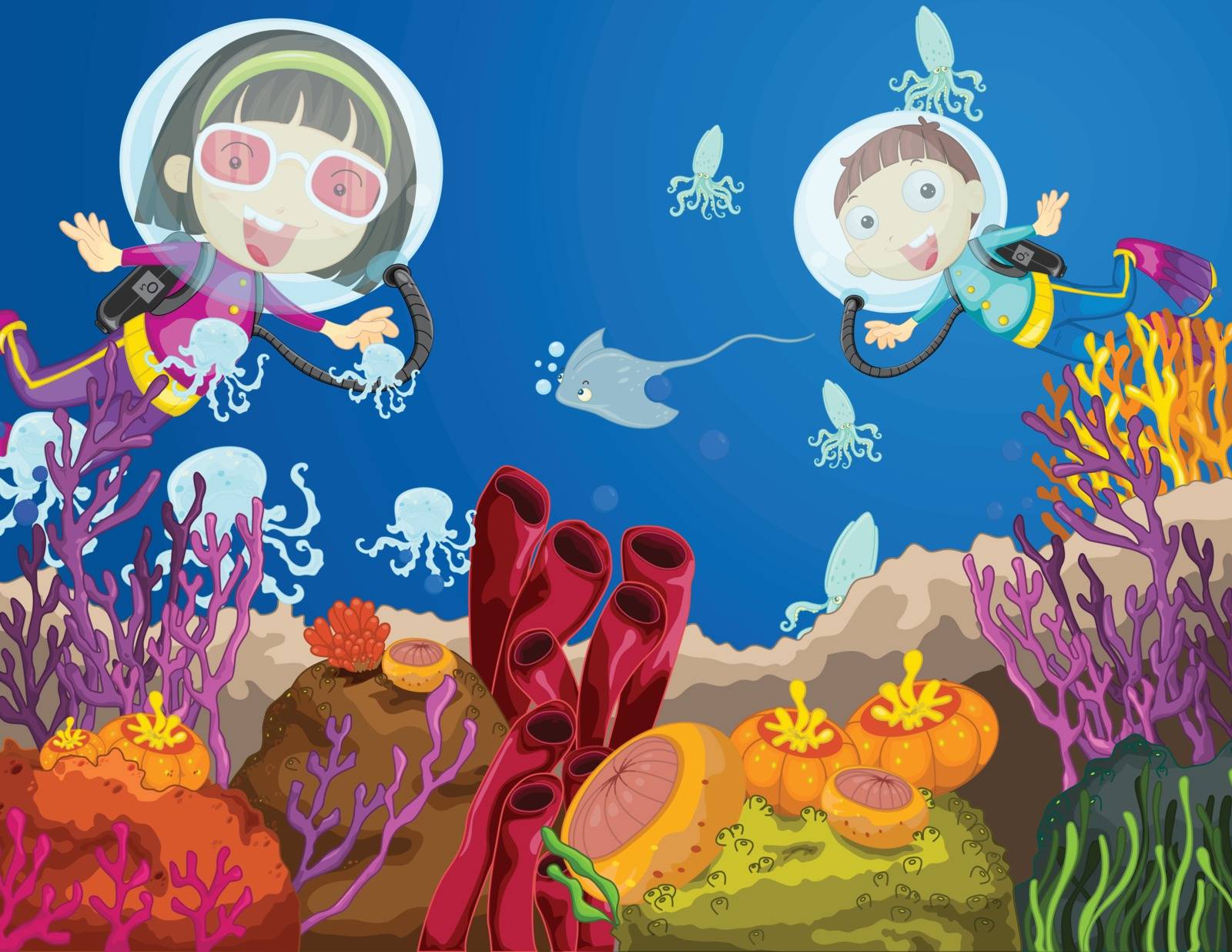 Illustration of children diving underwater