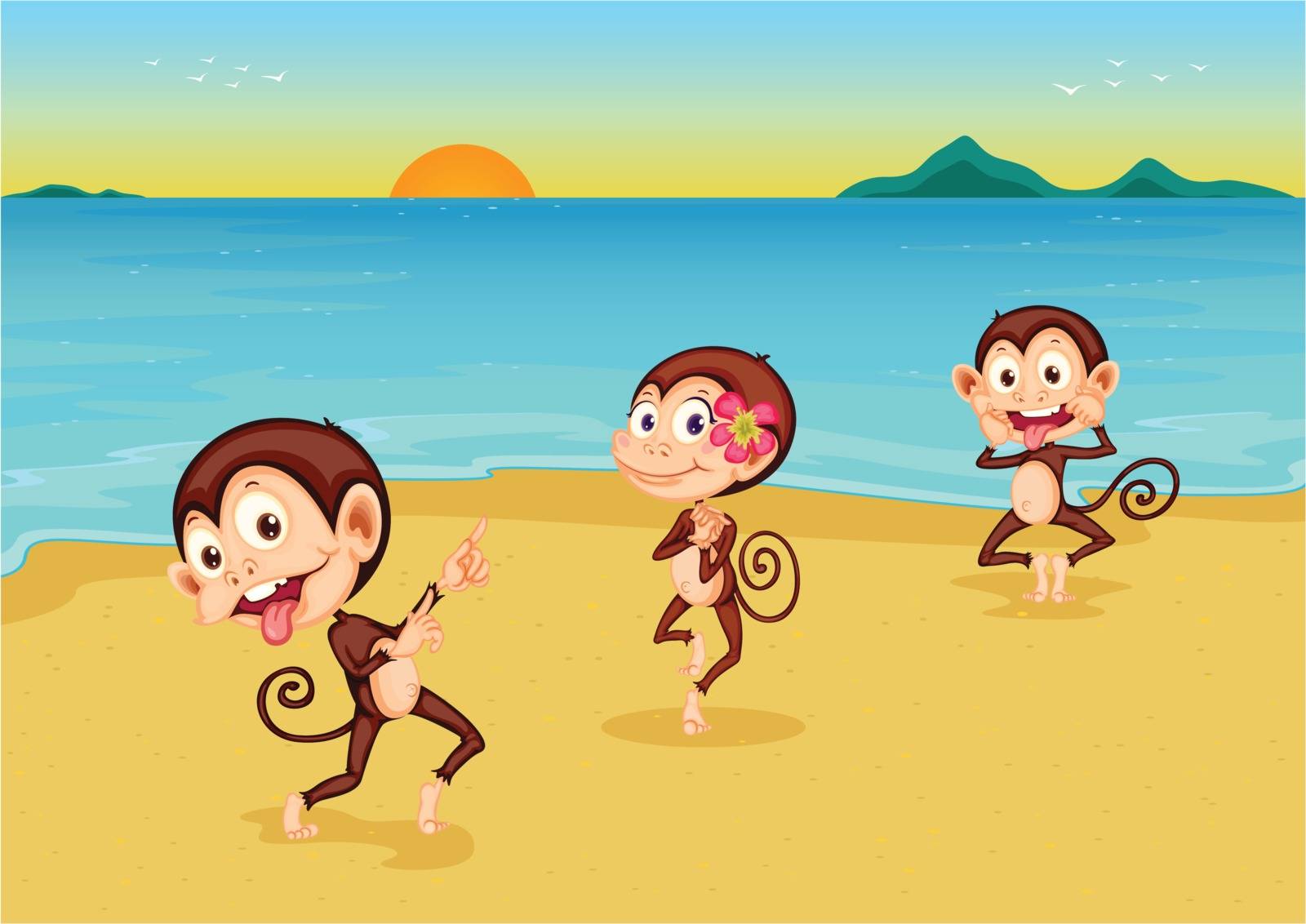 illustration of 3 monkeys at the beach