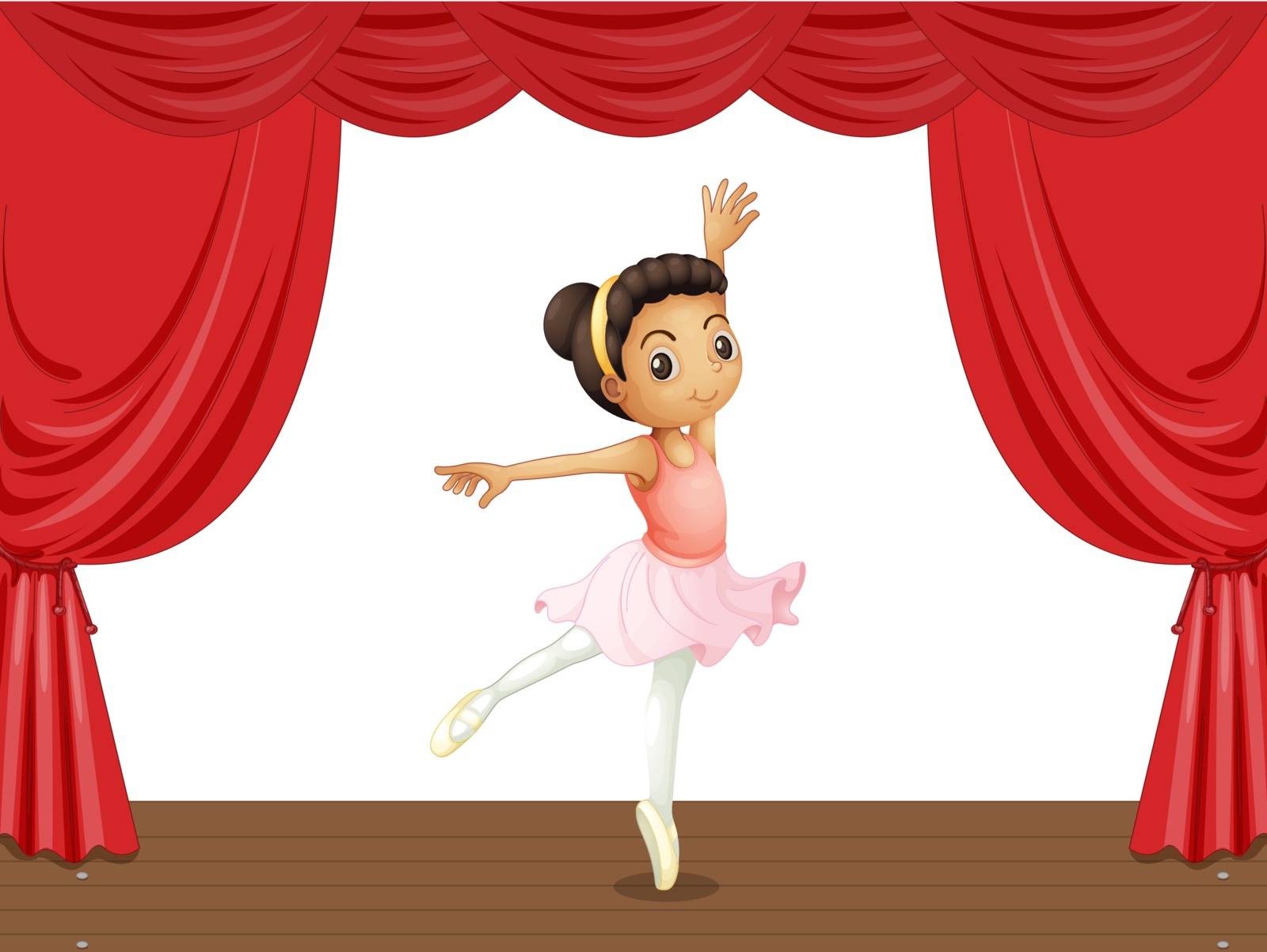Ballerina on a stage with red curtains