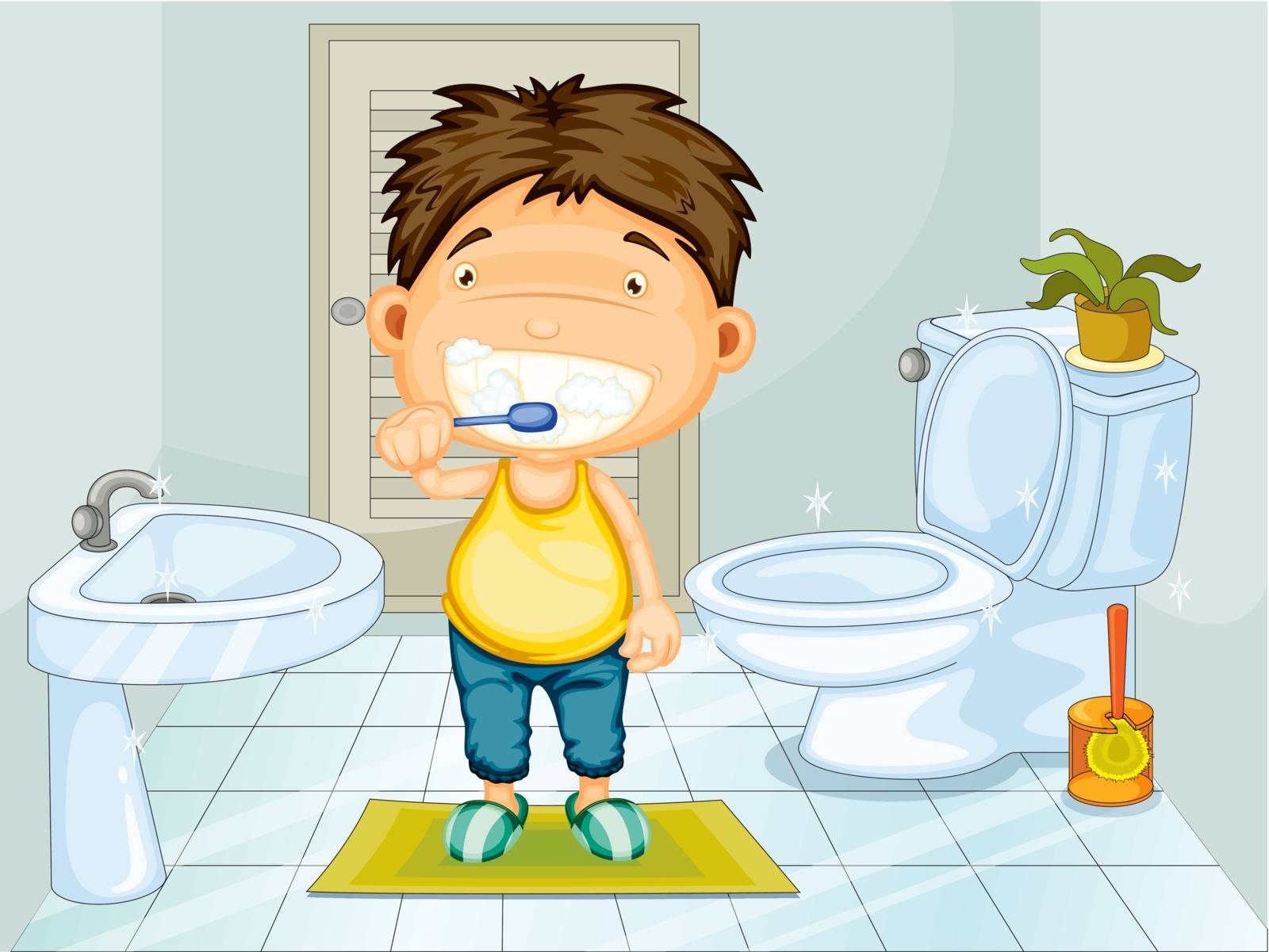 Boy brushing teeth in bathroom
