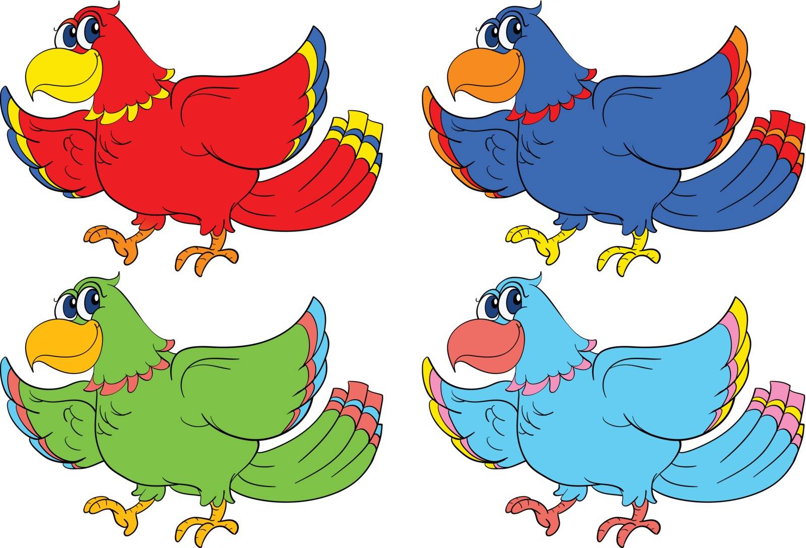 Four birds in different colours