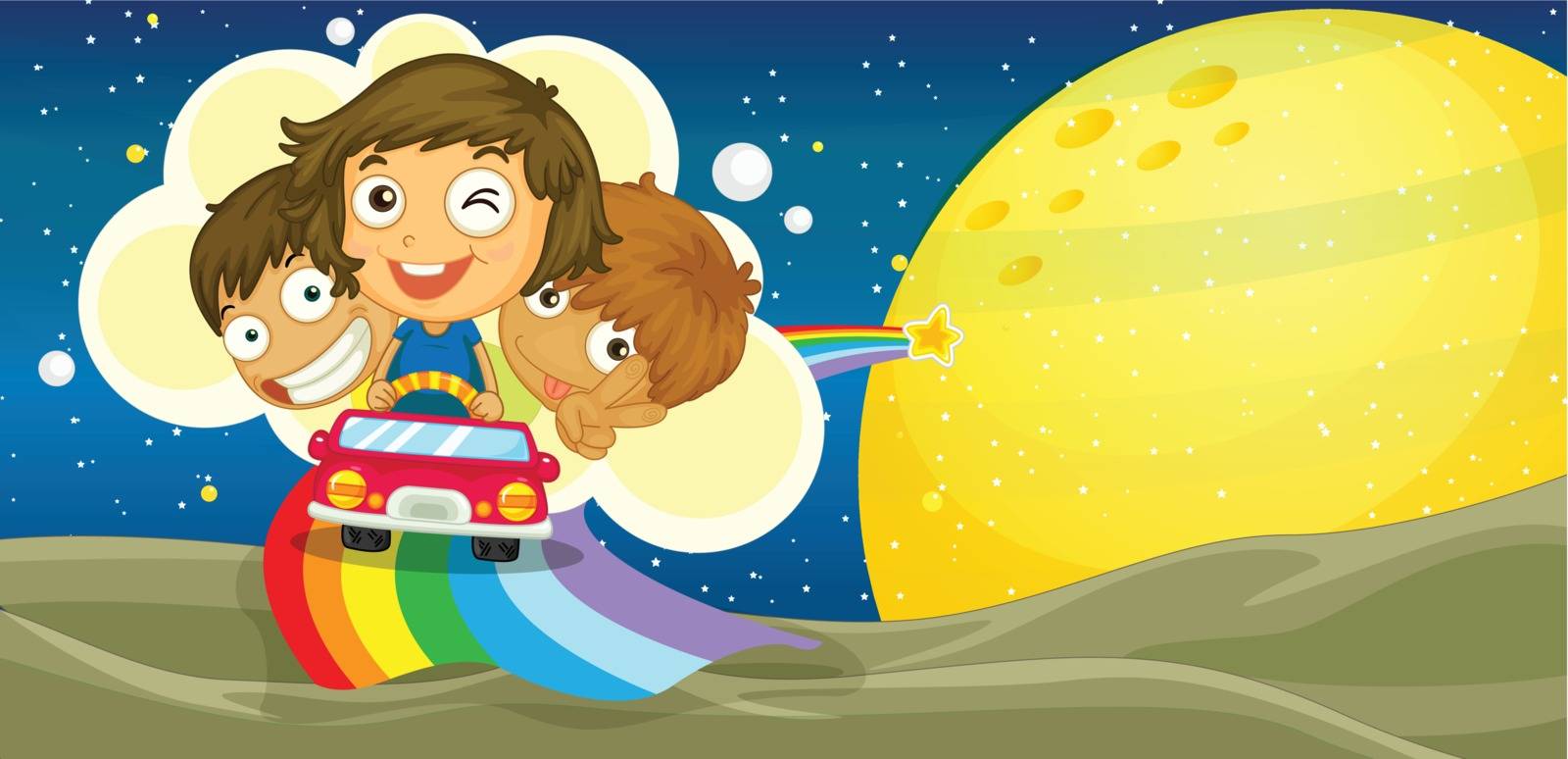 illustration of kids driving car on rainbow