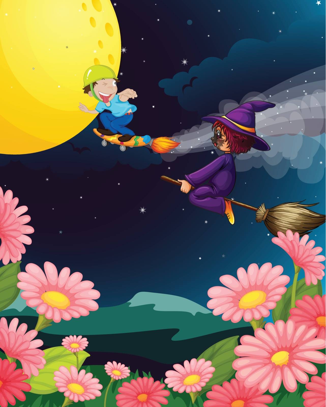 illustration of a boy and witch flying in the night