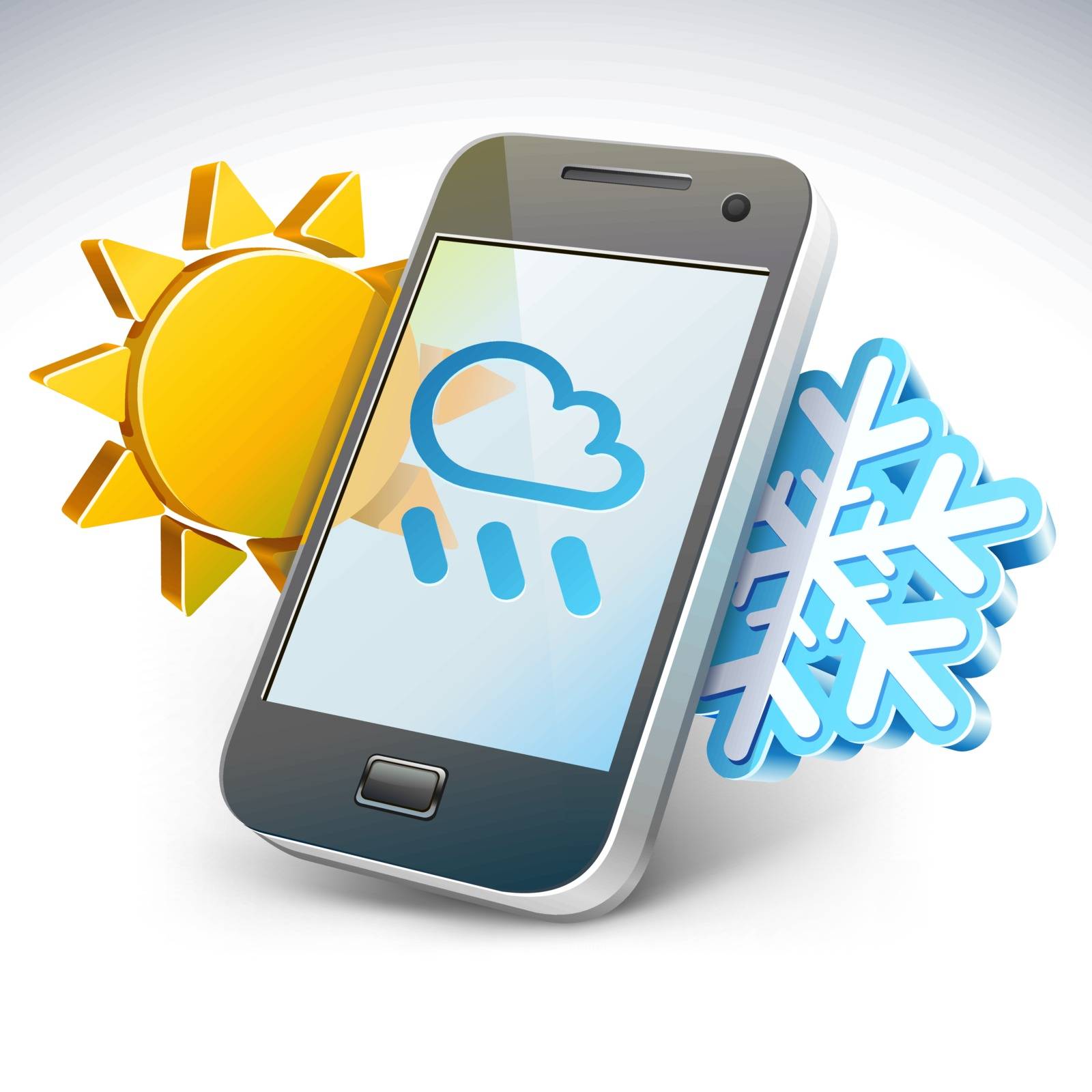 Vector illustration of weather on smartphone screen with sun and snowflake nearby