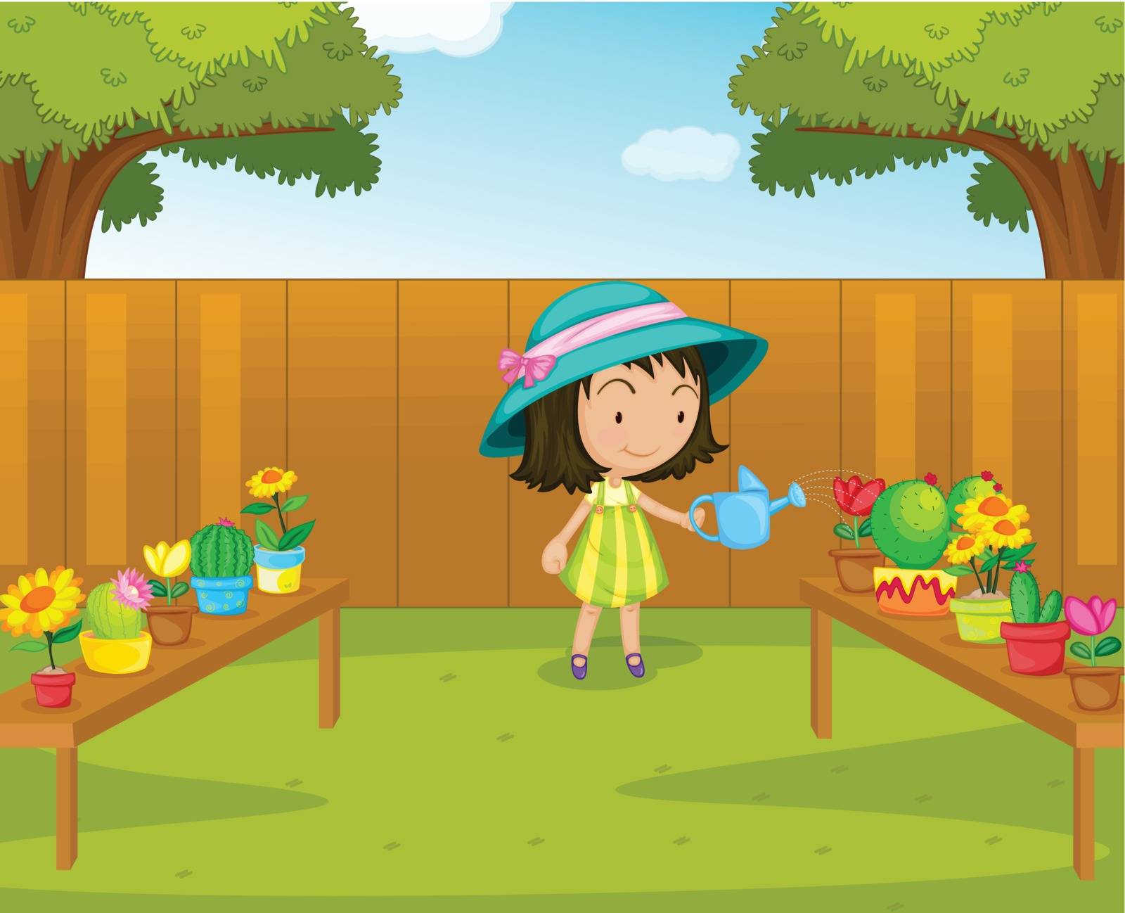 Illustration of a gril watering plants in the garden
