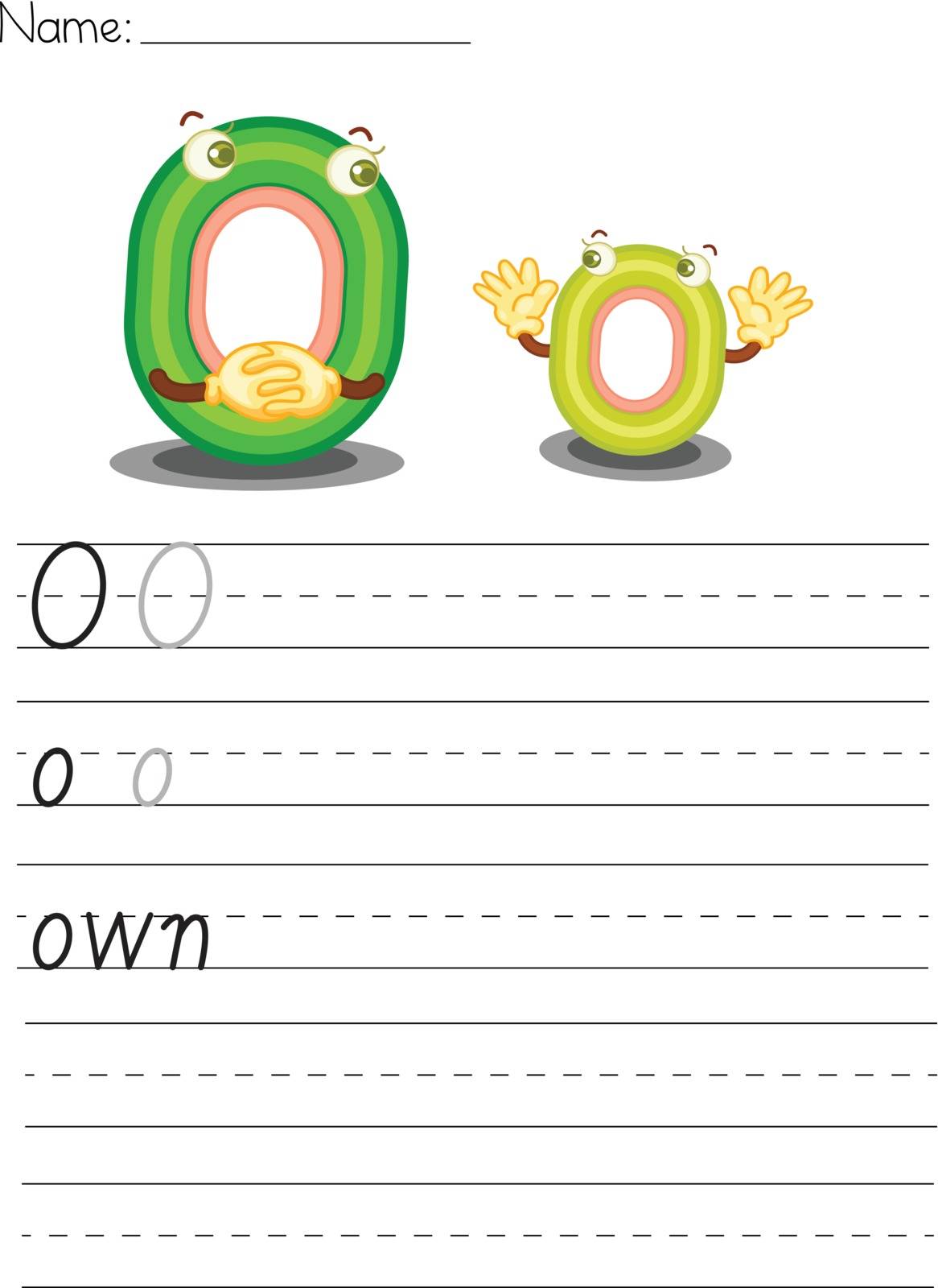 Illustrated alphabet worksheet of the letter o