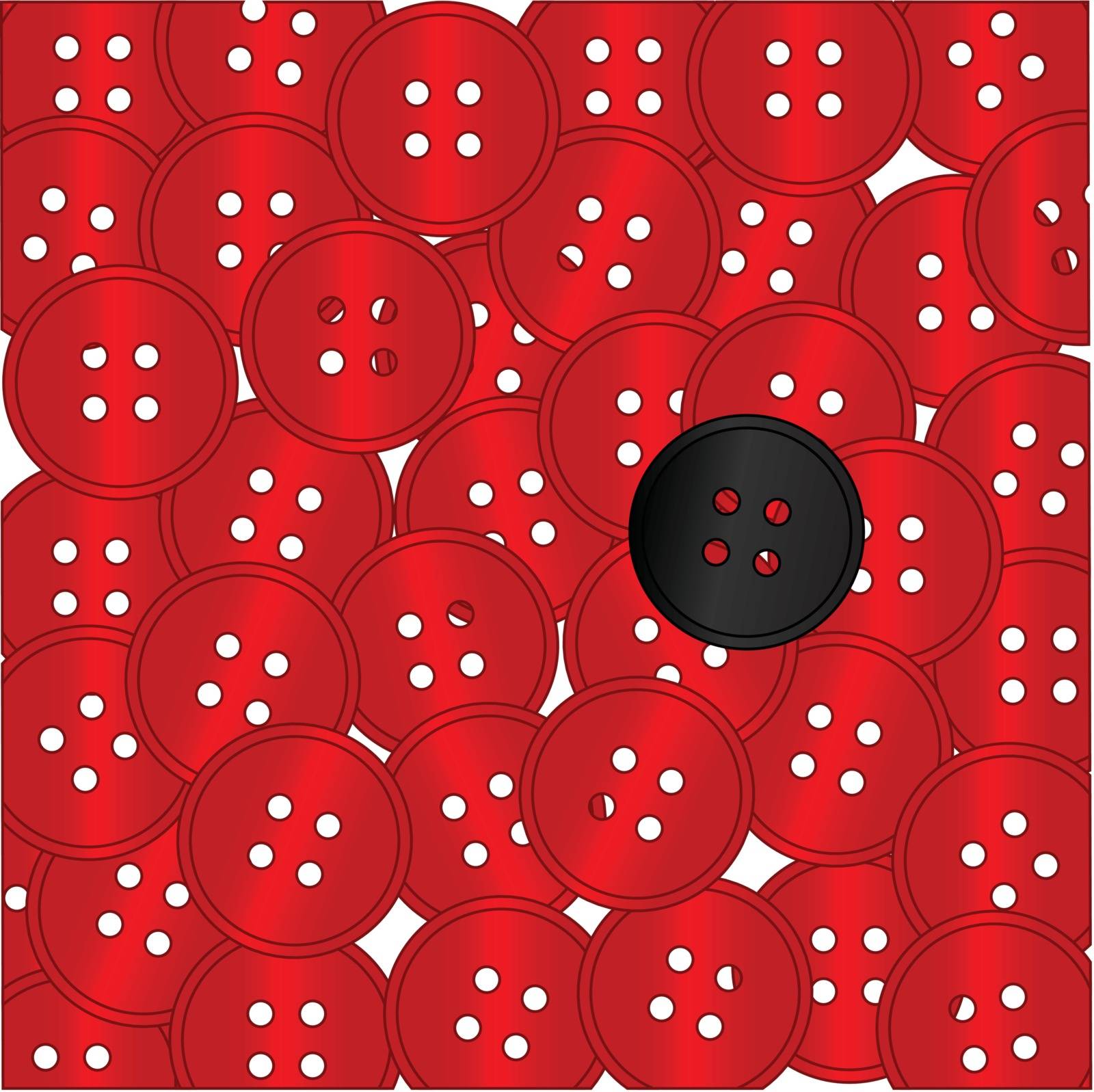 A collection of red buttons with the odd one out being black
