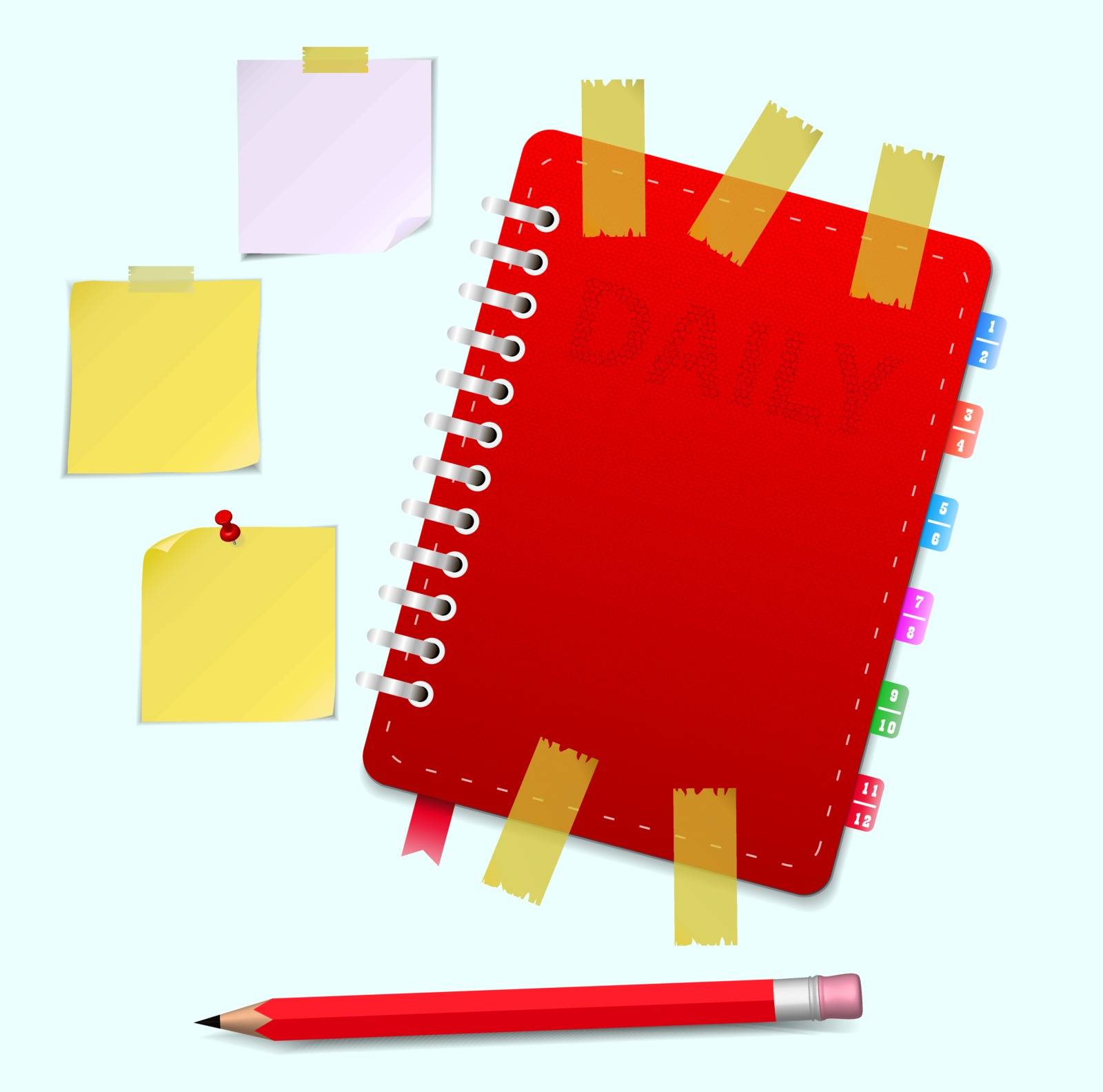 Leather notebook and pencil isolated on the white. Vector illustration