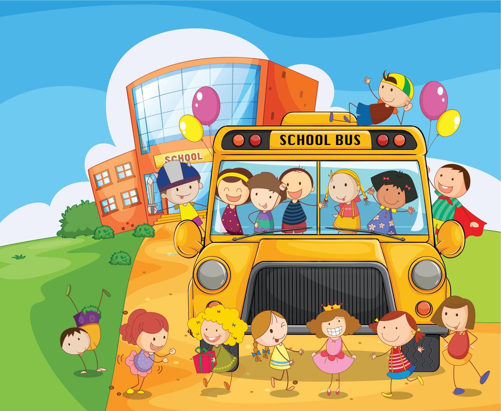 illustration of a school bus and kids infront of school