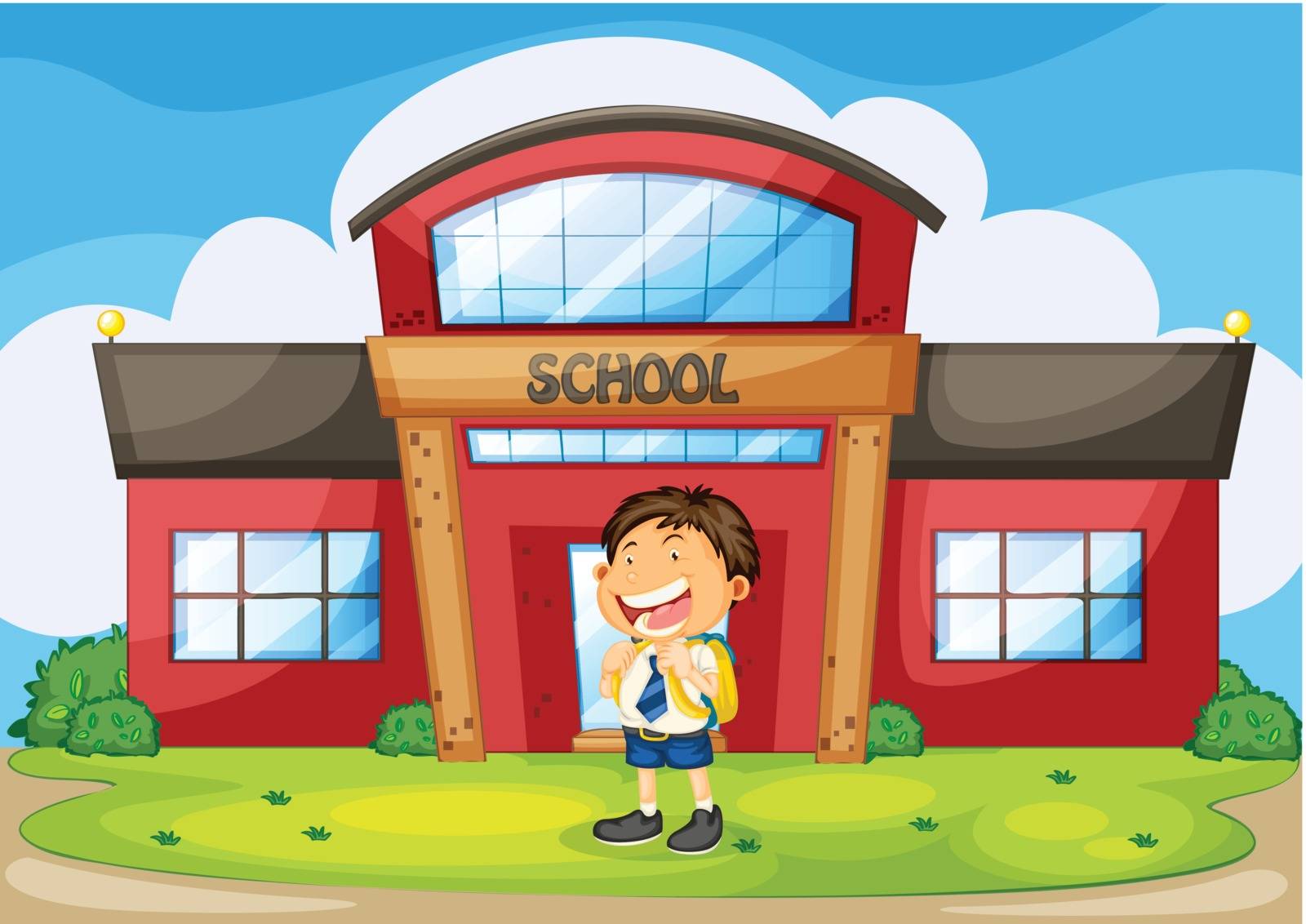 illustration of a boy infront of school
