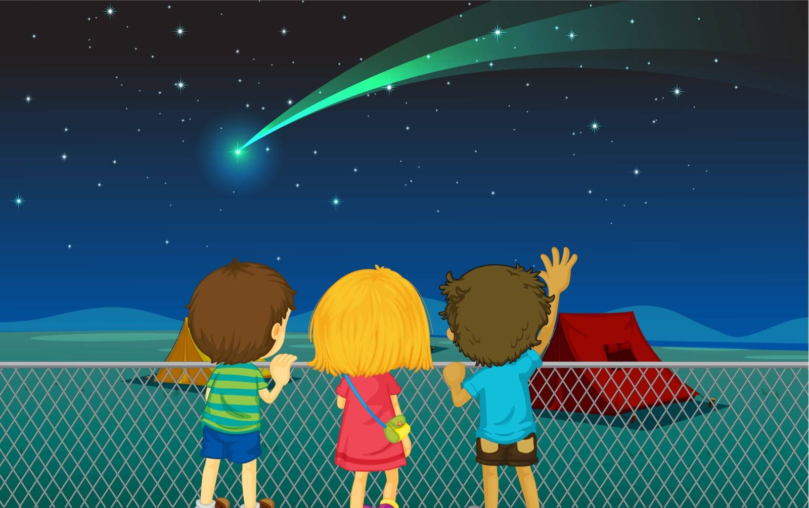 illustration of kids and comet in the night sky