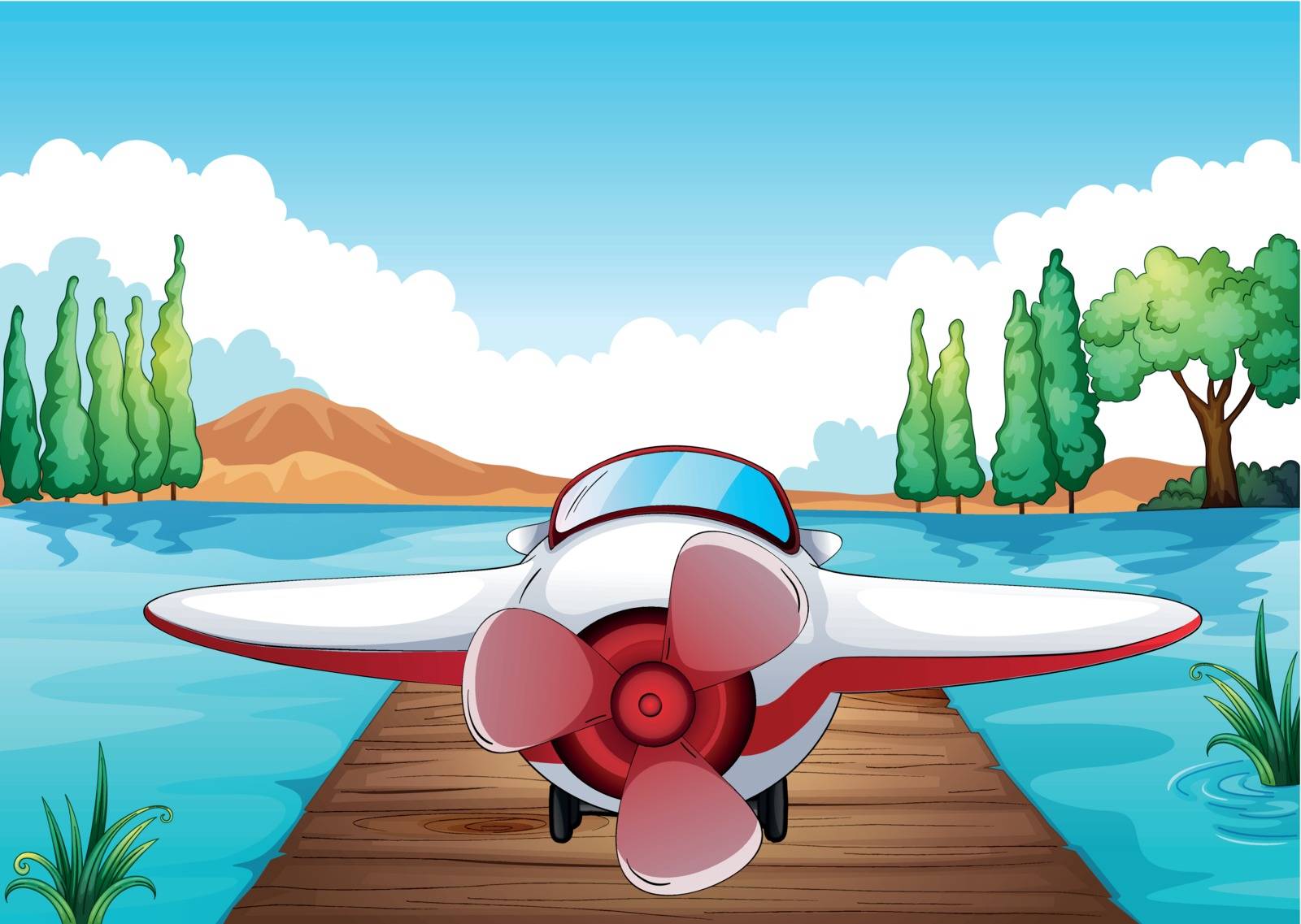 illustration of a jetty and an aeroplane in a beautiful nature