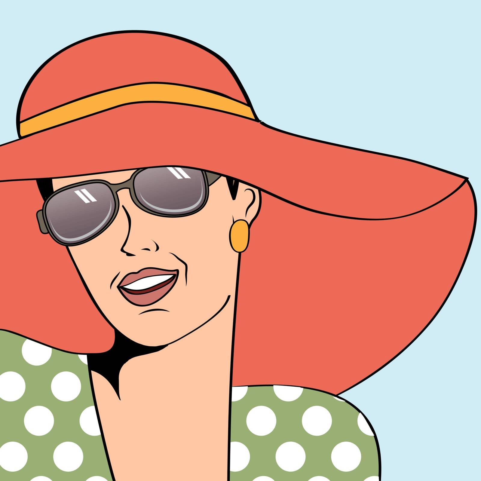 popart retro woman with sun hat in comics style, summer illustra by balasoiu