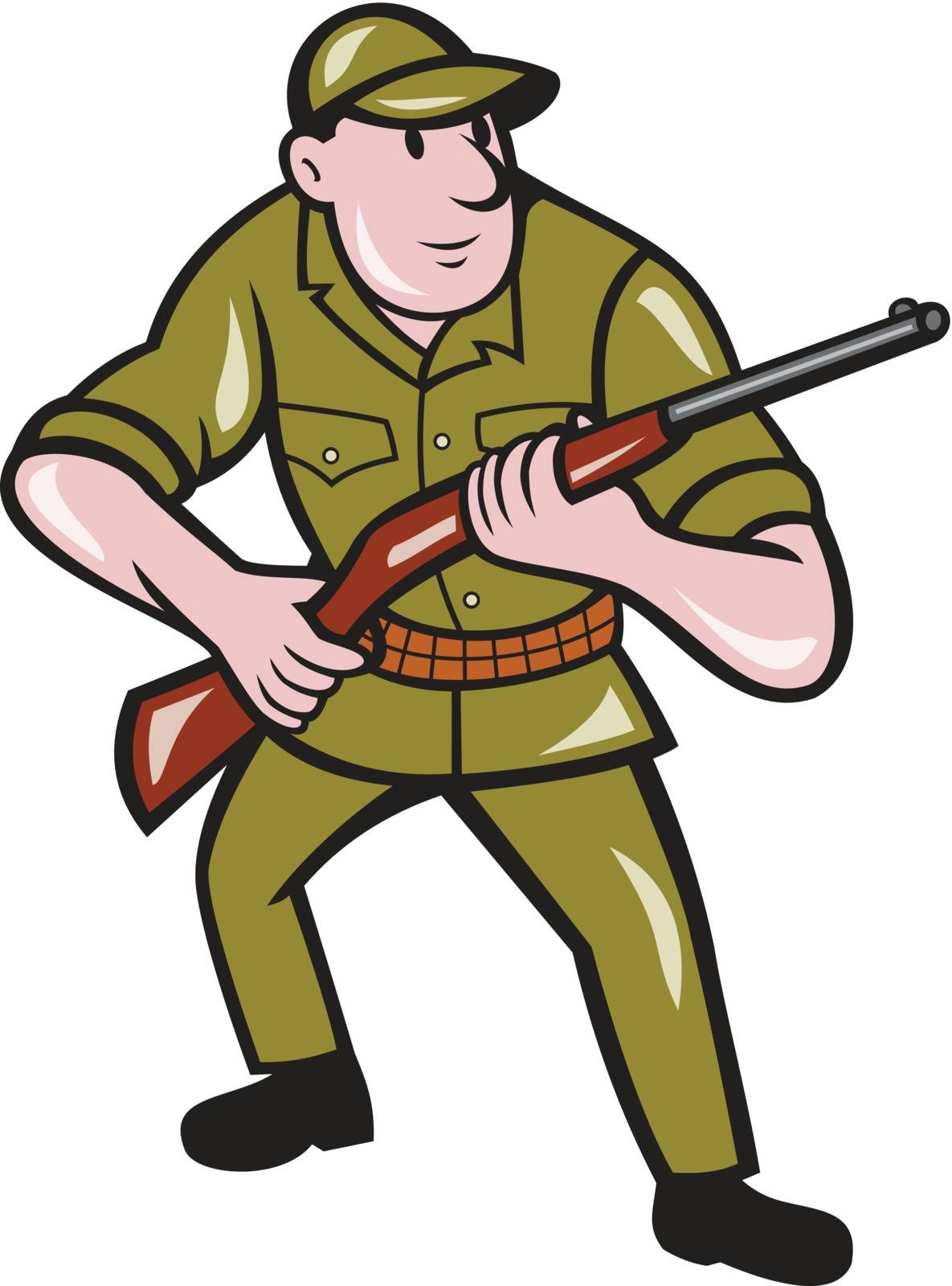 Illustration of a hunter carrying rifle facing front on isolated background done in cartoon style.