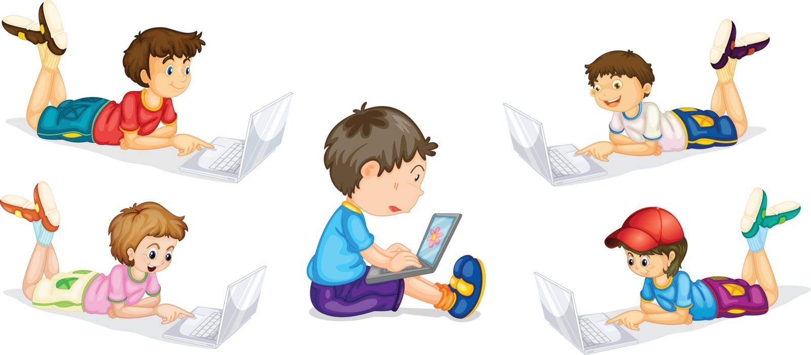 illustration of kids and laptops on a white background