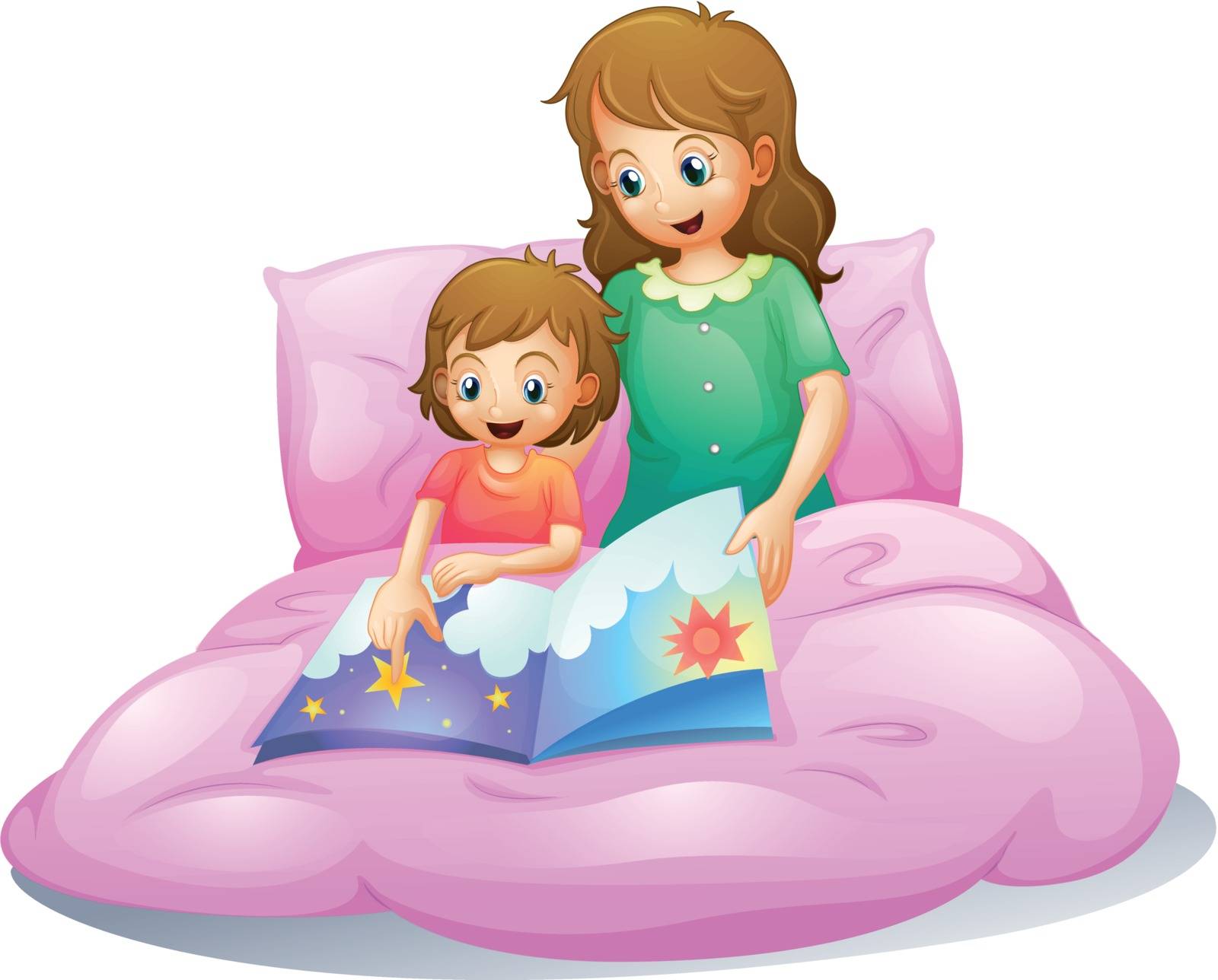 illustration of mom and kid sitting on a bed