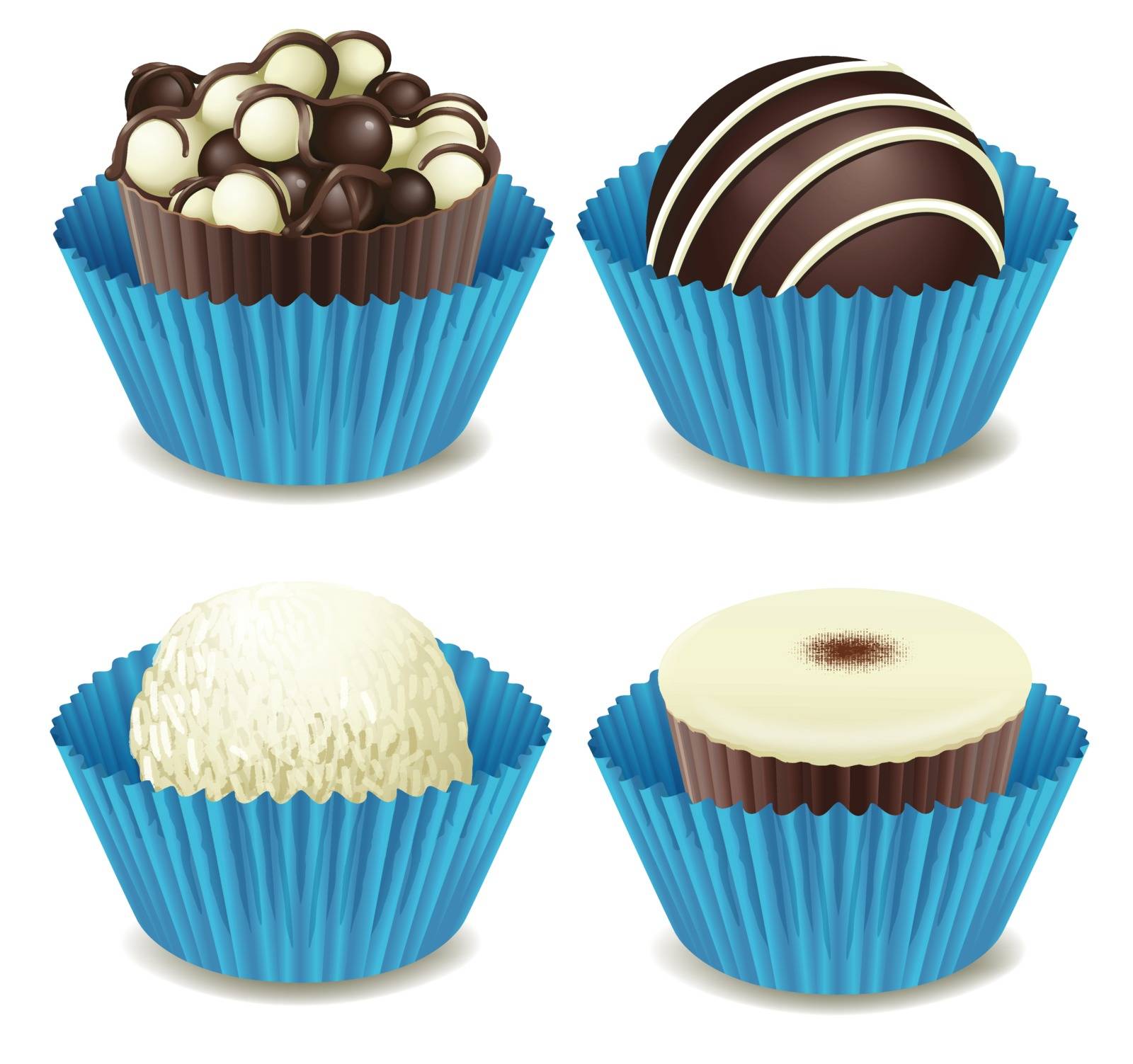illustration of chocolates in a blue cup on a white background