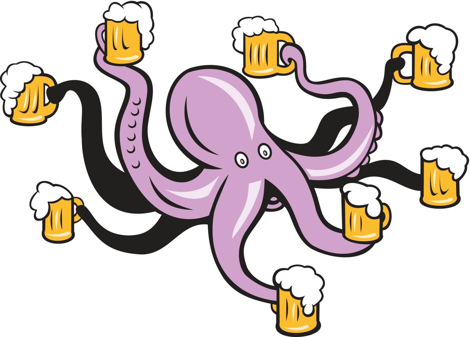 Illustration of an octopus holding beer mug on tentacles on isolated background done in cartoon style.