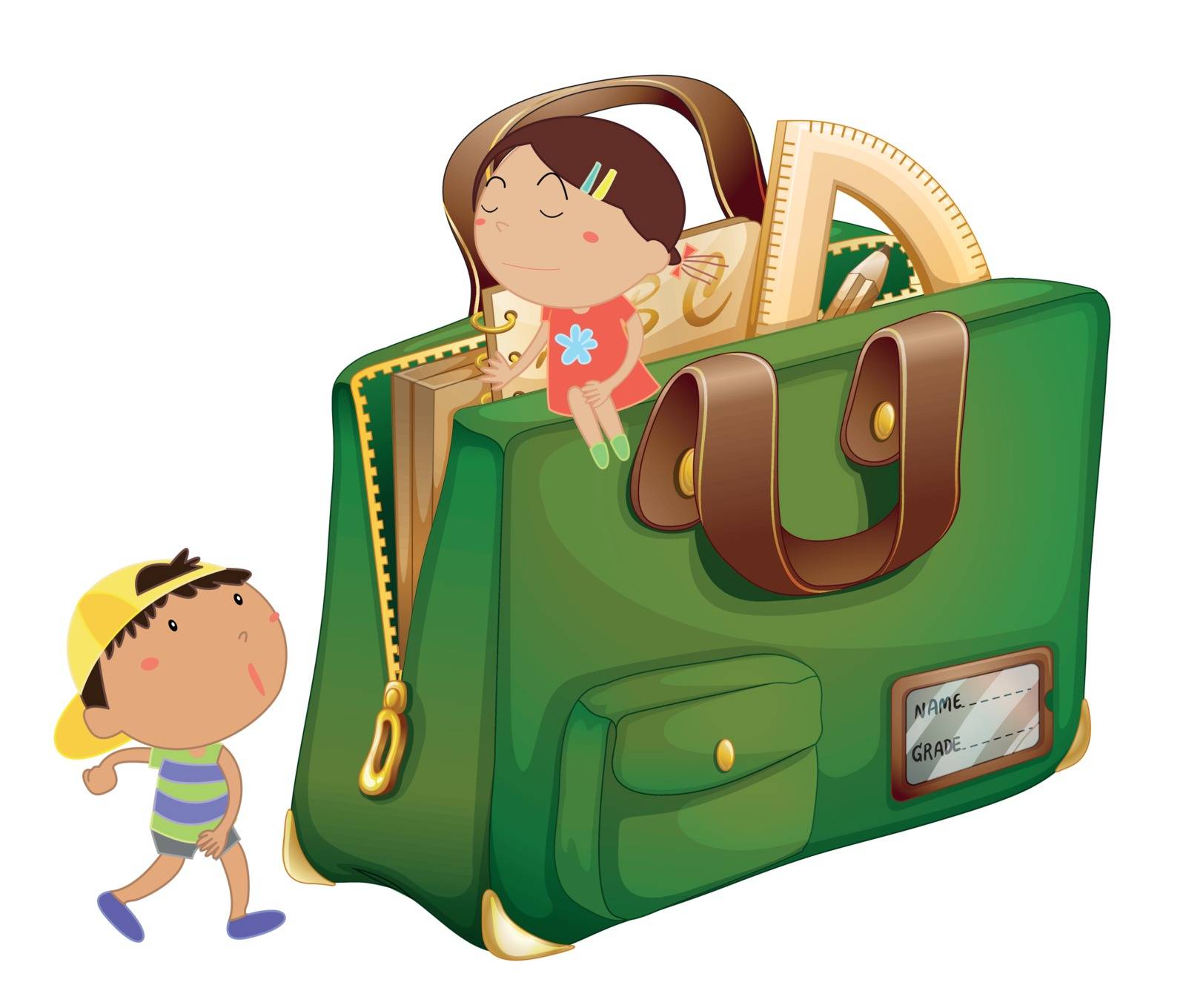 Illustration of kids around a schoolbag