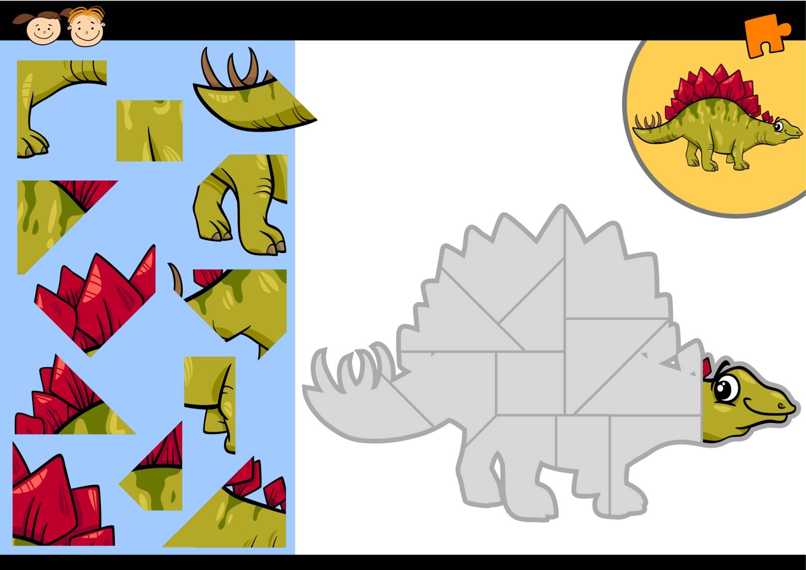 Cartoon Illustration of Education Jigsaw Puzzle Game for Preschool Children with Funny Stegosaurus Dinosaur Character