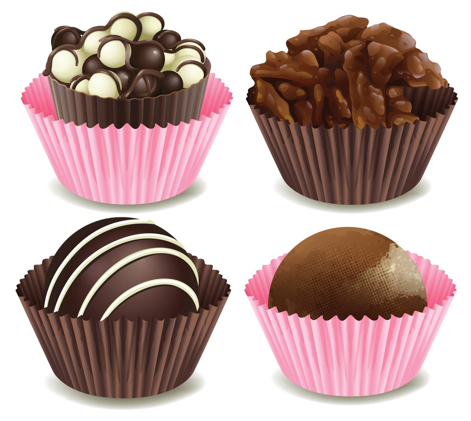 illustration of chocolates in a pink and brown cup on a white background