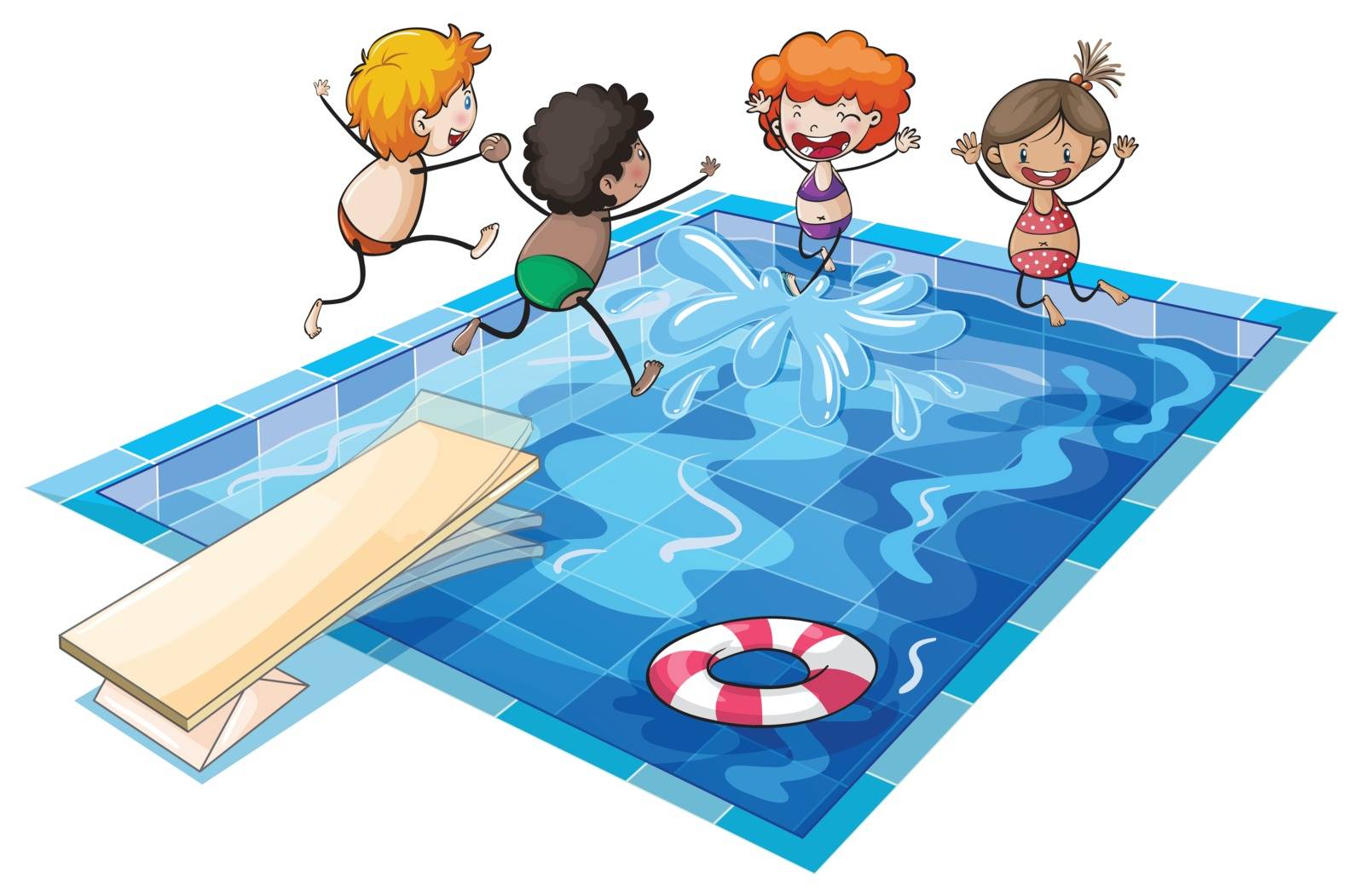 illustration of kids and a swimming pool on a white background